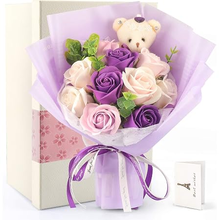 Amazon Rerxn 天使フラワー ソープフラワー 花束 ブーケ 蔷薇 ぬいぐるみ花束 クマ束 枯れない花 造花 パープル 母の日のプレゼント 花 敬老の日 結婚記念日 開店祝い 退職祝い お見舞い 発表会 送別 誕生日プレゼント 女性 人気 お礼 昇進 転居など適切 ソープフラワー