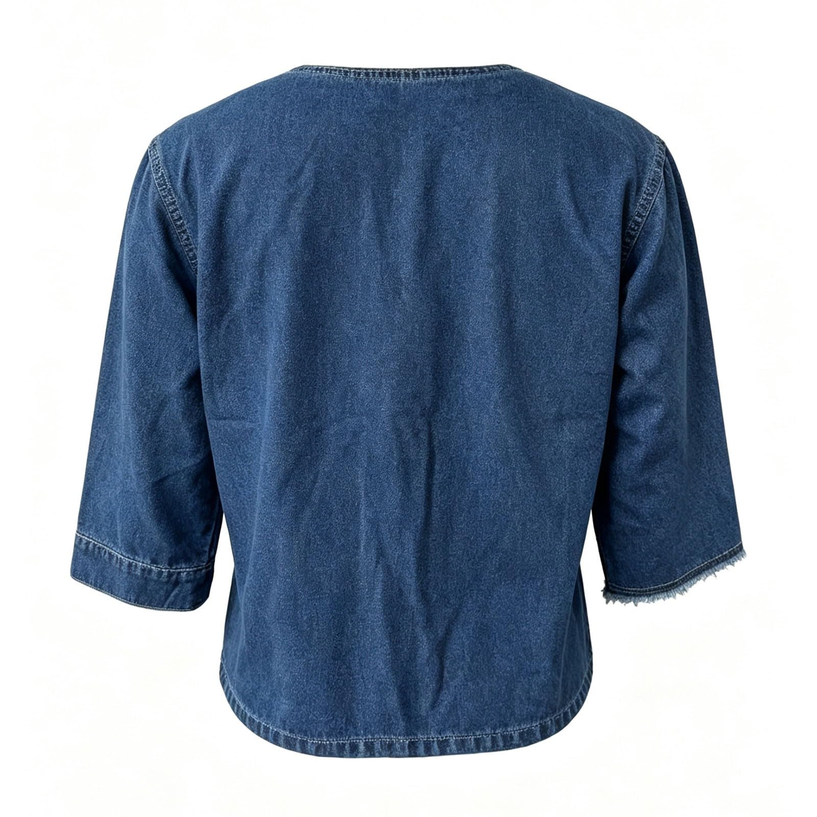 Generisch Camicia in jeans da donna, estiva, con maniche a 3/4 | Camicetta in denim con frange, elegante cambray, per il tempo libero, in tessuto denim, traspirante, vintage