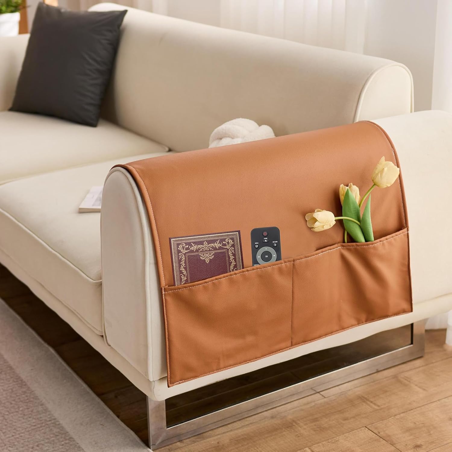 PVC Sofa Armrest Organizer, Remote Holder Bedside Caddy Organizer with 2 Large-Pockets Non-Slip Waterproof Caddy for Couch Caddy Accessories for Phone Magazine Tablet (Brown)