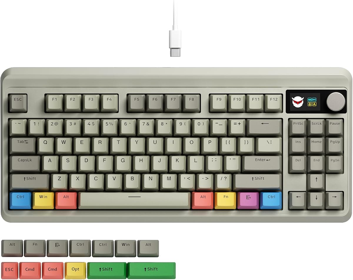 OHY XVX Wired 75% Retro Gaming Keyboard with 2 HUB Ports, M87 Pro Mechanical Keyboard with Customizable Switches, Compact Gamer RGB - Grey