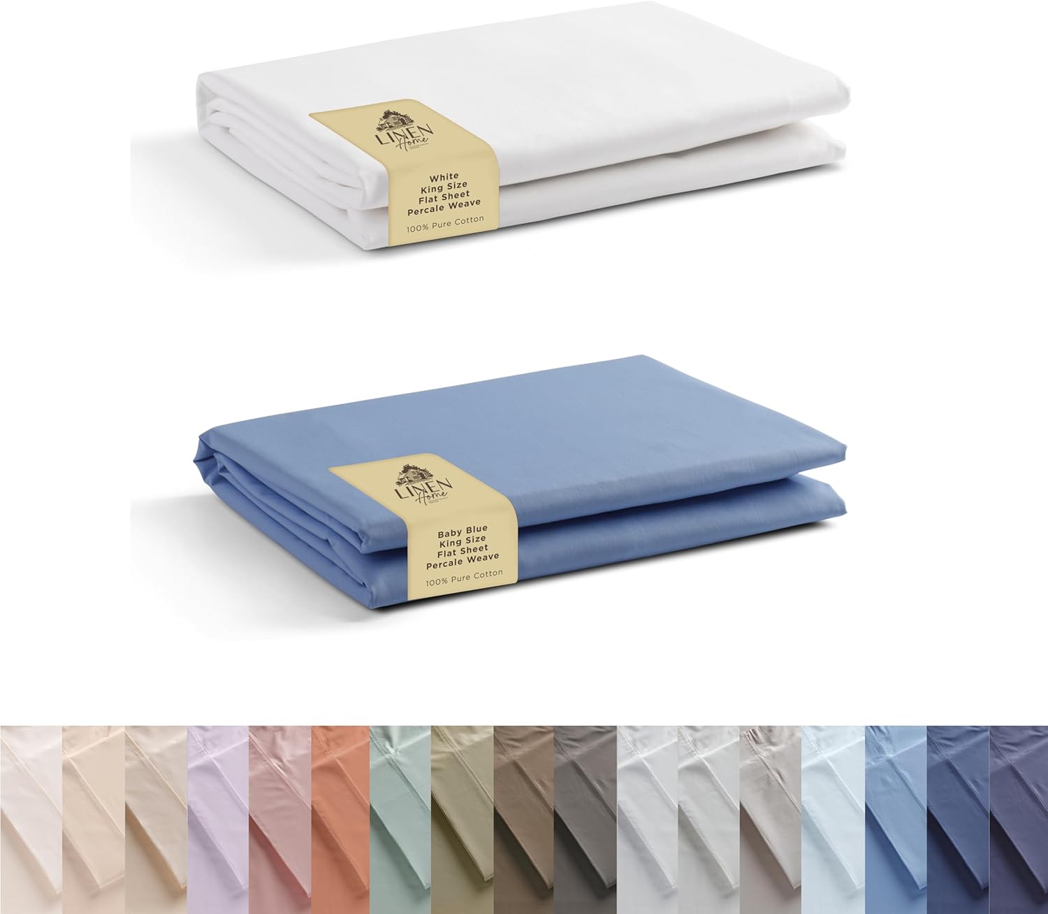 100% Cotton Combo Percale Flat Sheets King Size, White & Baby Blue, 2 Flat Sheet- Crisp, Cool and Strong Bed Linen, Luxury Breathable Sheet