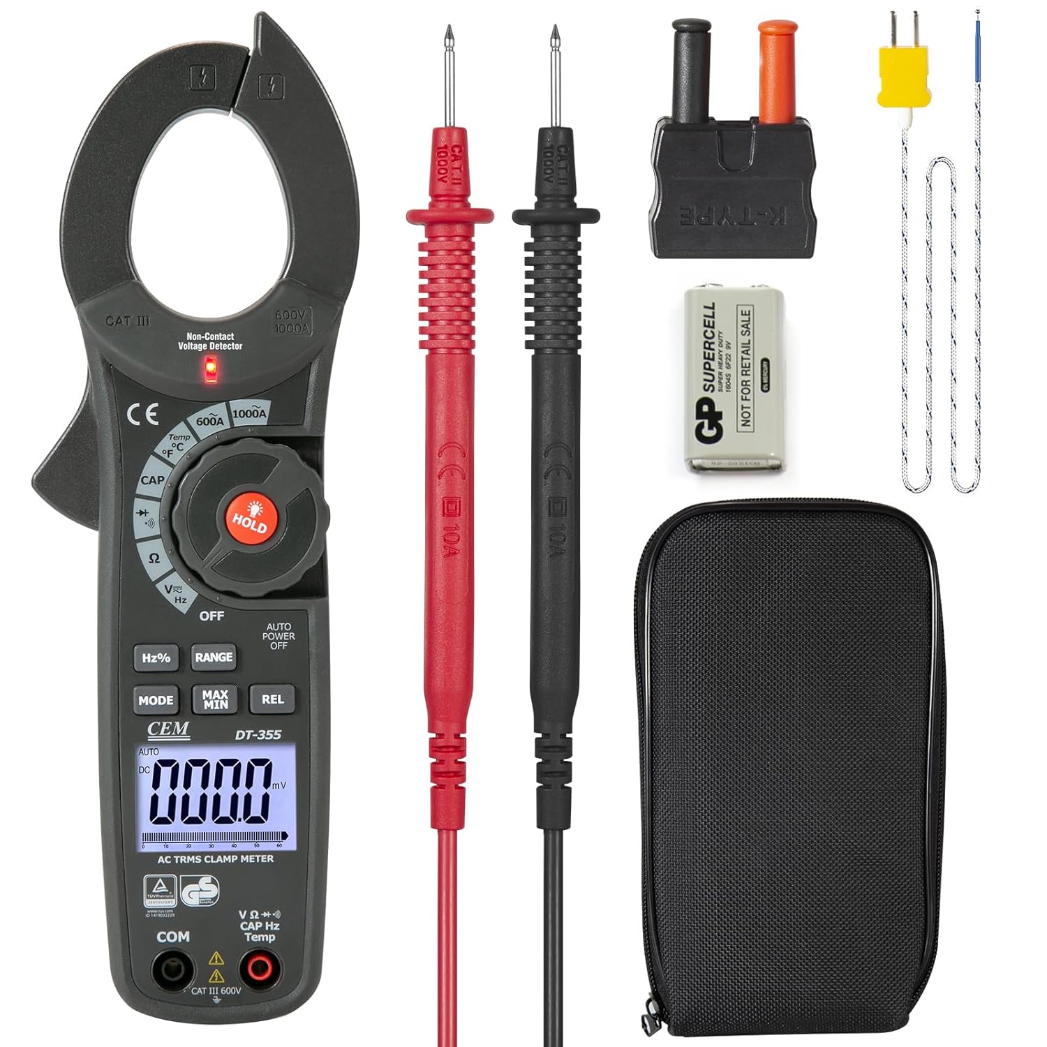 CEM DT-355 Digital Clamp Meter Multimeter 1000A TRMS 6000 Counts, Amp Voltage Tester with T-RMS, LOZ Mode; Measures AC/DC Voltage AC Current Temperature Resistance Capacitance Frequency Continuity NCV