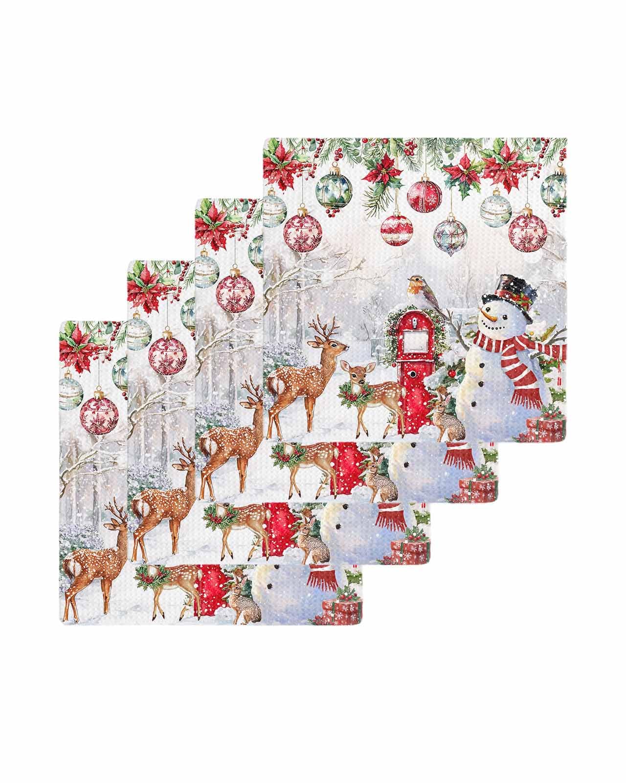 Hokiten Christmas Waffle Kitchen Towels Dishcloths, Snowman Elk Snowflake Xmas Balls Absorbent Dish Towels | Hand Towels for Bathroom/Bar, 12 x 12 Inch, 4 Pcs