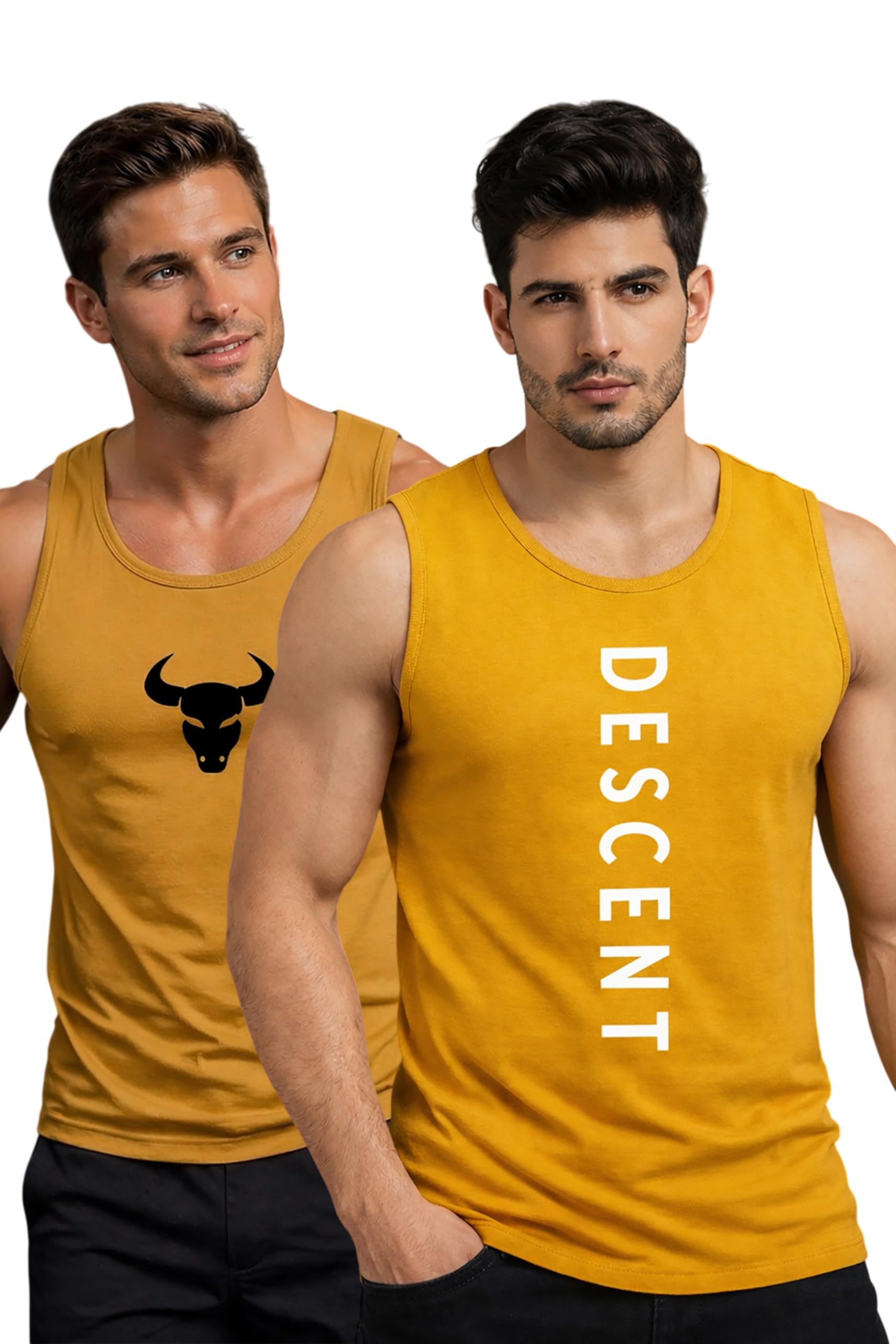 Polyester Letter Printed Vest for Men - Pack of 2 - Yellow & Mustard | Round Neck | Sleeveless | Regular Fit | Summer & Gym Wear Tank Top for Men-image-31