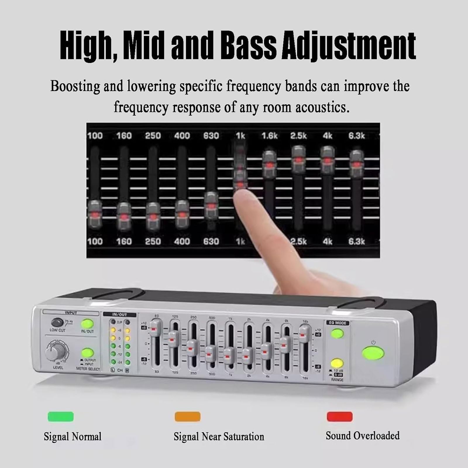 Equalizzatore EQ Grafico Professionale a 9 Bande, Equalizzatore Stereo ad Alta Precisione con Regolazione Alti, Medi e Bassi, Filtro Low-Cut/Luce Display LED/Tecnologia di Rilevamento Feedback