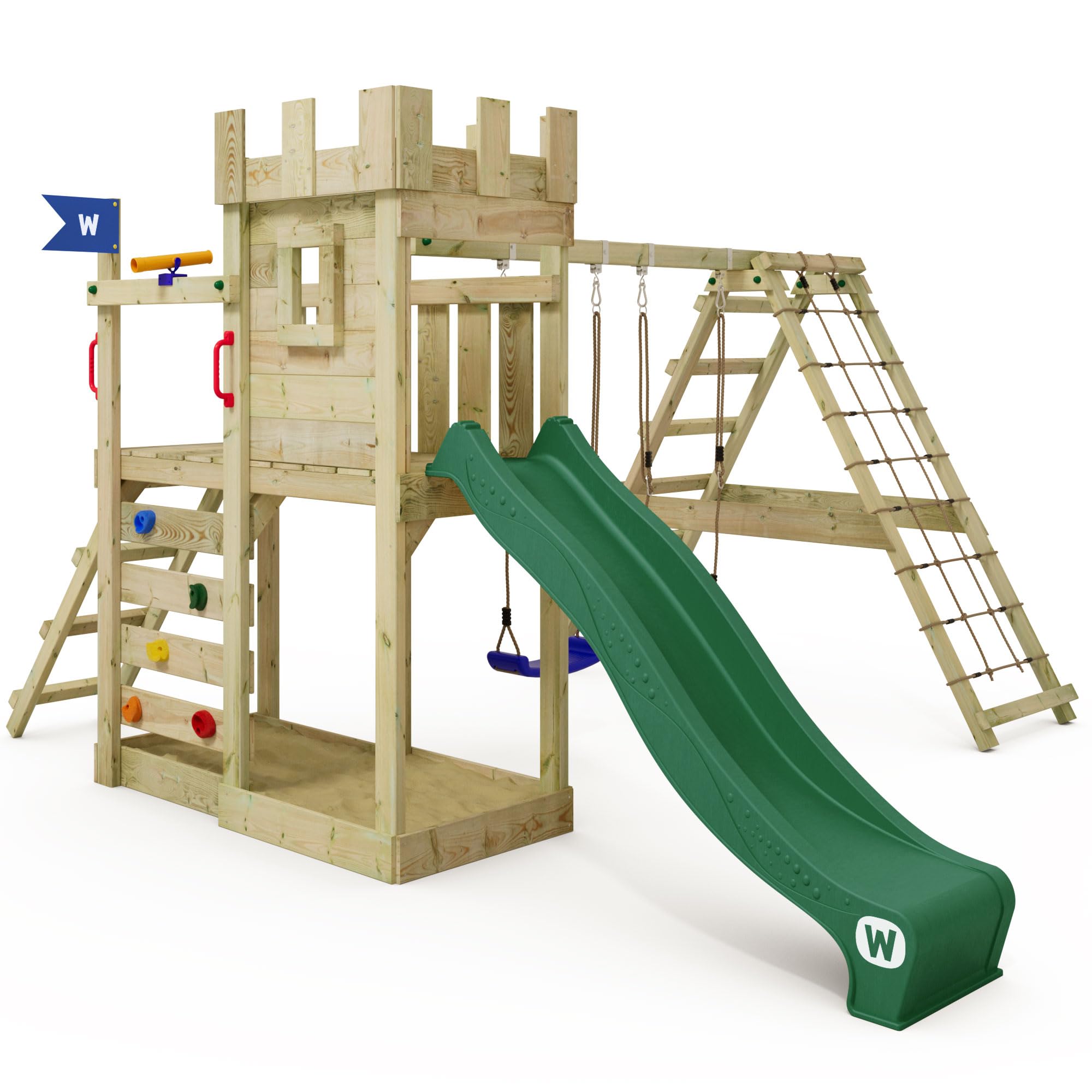 WICKEY Spielturm Ritterburg GateFlyer mit Schaukel & grüner Rutsche, Outdoor Kinder Kletterturm mit Sandkasten, Leiter & Spiel-Zubehör für den Garten