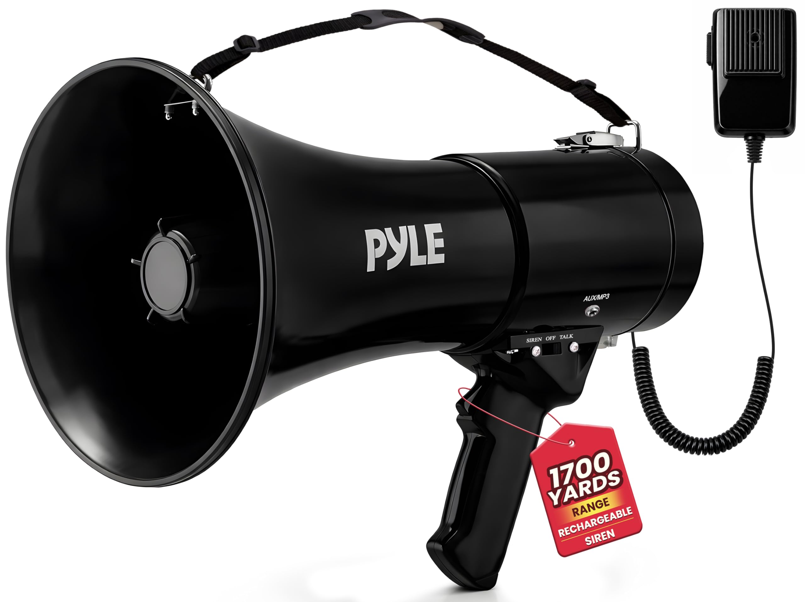 Pyle Altoparlante Portatile a megafono da 50 W, Sirena di Allarme, Volume Regolabile Fino a 1700 Metri, Ingresso AUX e Riproduzione USB/TF, Leggero per attività Indoor e Outdoor, Sport e Trapani di