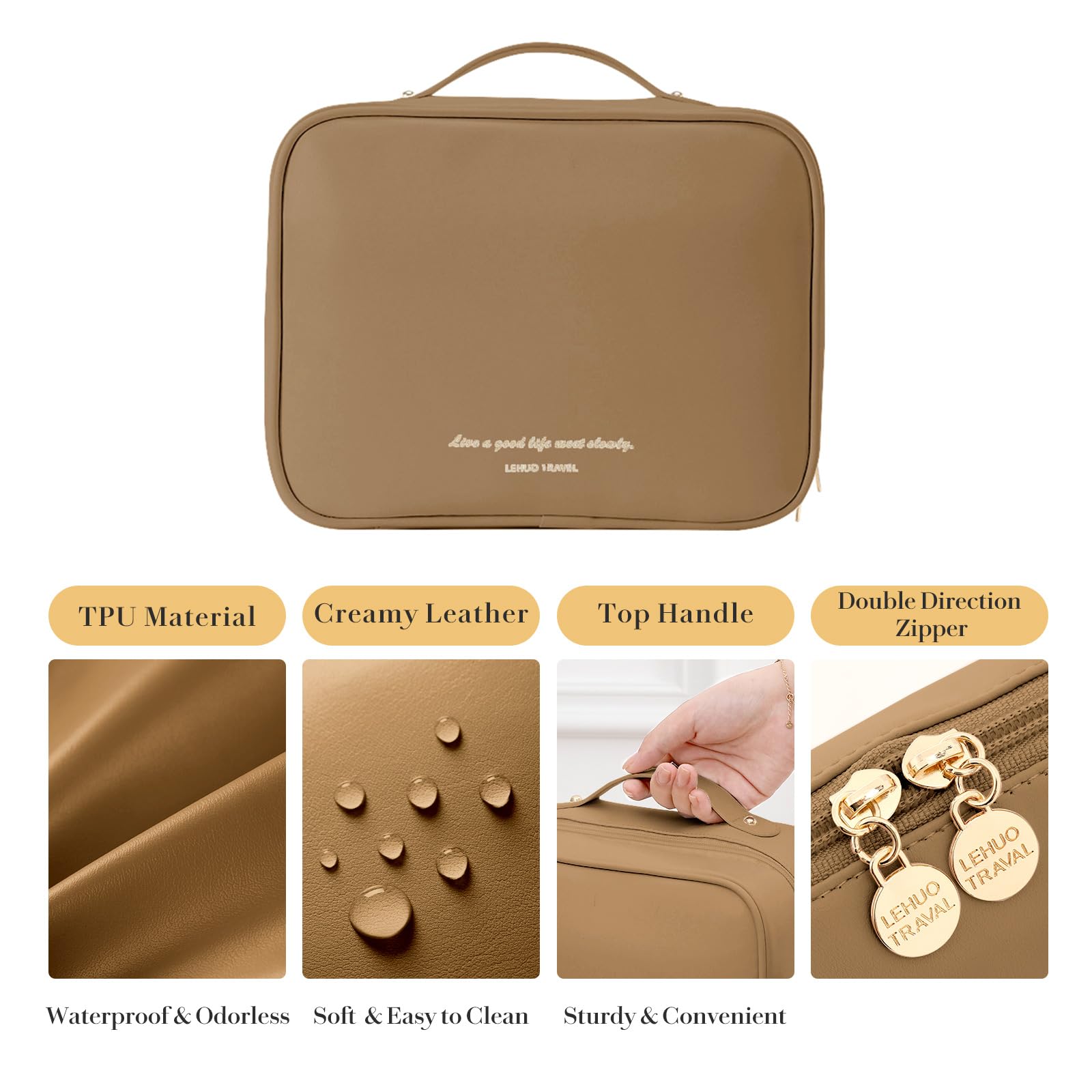 MENRU Travel Makeup Bag Large Capacity Cosmetic Organizer Waterproof Leather Toiletry Bag with Brush Holder and Handle Portable Cosmetic Storage Bag for Women Girls Gift Brown - Image 3