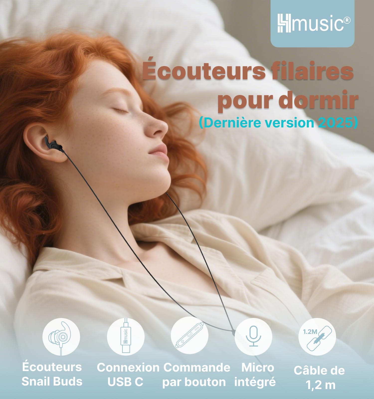 Hmusic Écouteurs de Sommeil, Isolation Phonique 30 DB, Silicone Doux et Confortable, 2g léger, Filaire USB C, Design Plat pour Dormir sur Le côté, Voyage, Méditation(Noir)