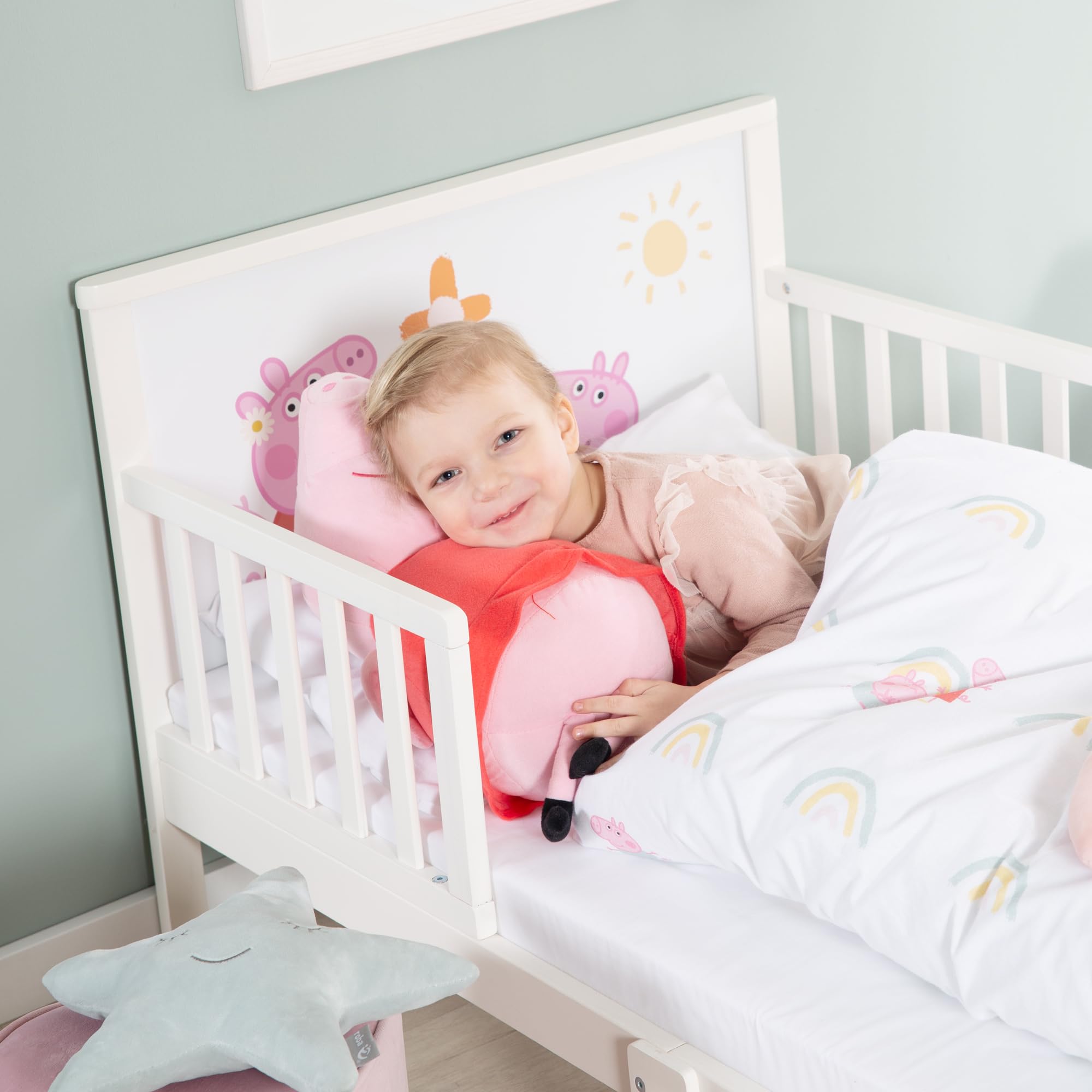roba Cama Infantil Montessori Peppa Pig 70 x 140 cm para Niños + Somier y Ropa de Cama - Utilizable hasta 7 Años - Blanco/Diseño de Cerda