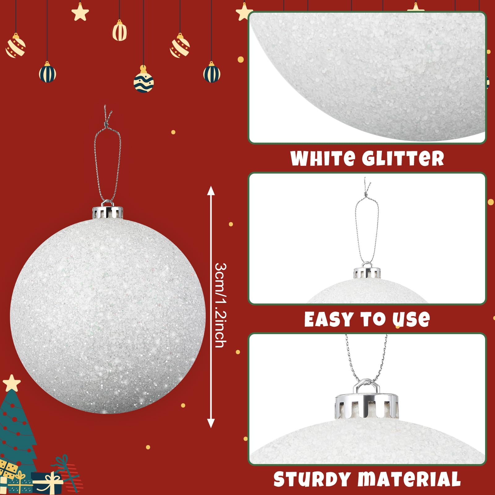 Lot de 4 mini boules de Noël à paillettes en plastique à suspendre pour sapin de Noël, décoration d'hiver, fête, mariage (15,2 cm)