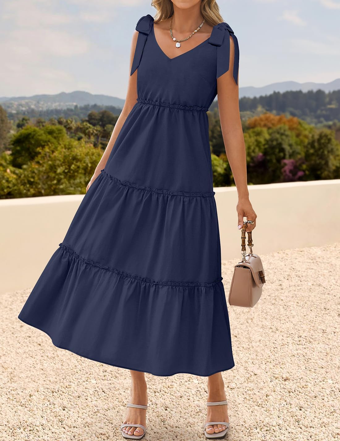 ZESICA Women's 2026 Summer Boho Sleeveless Midi Dresses Casual V Neck Spaghetti Strap Flowy A Line Tiered Beach Long Sundress - Image 9