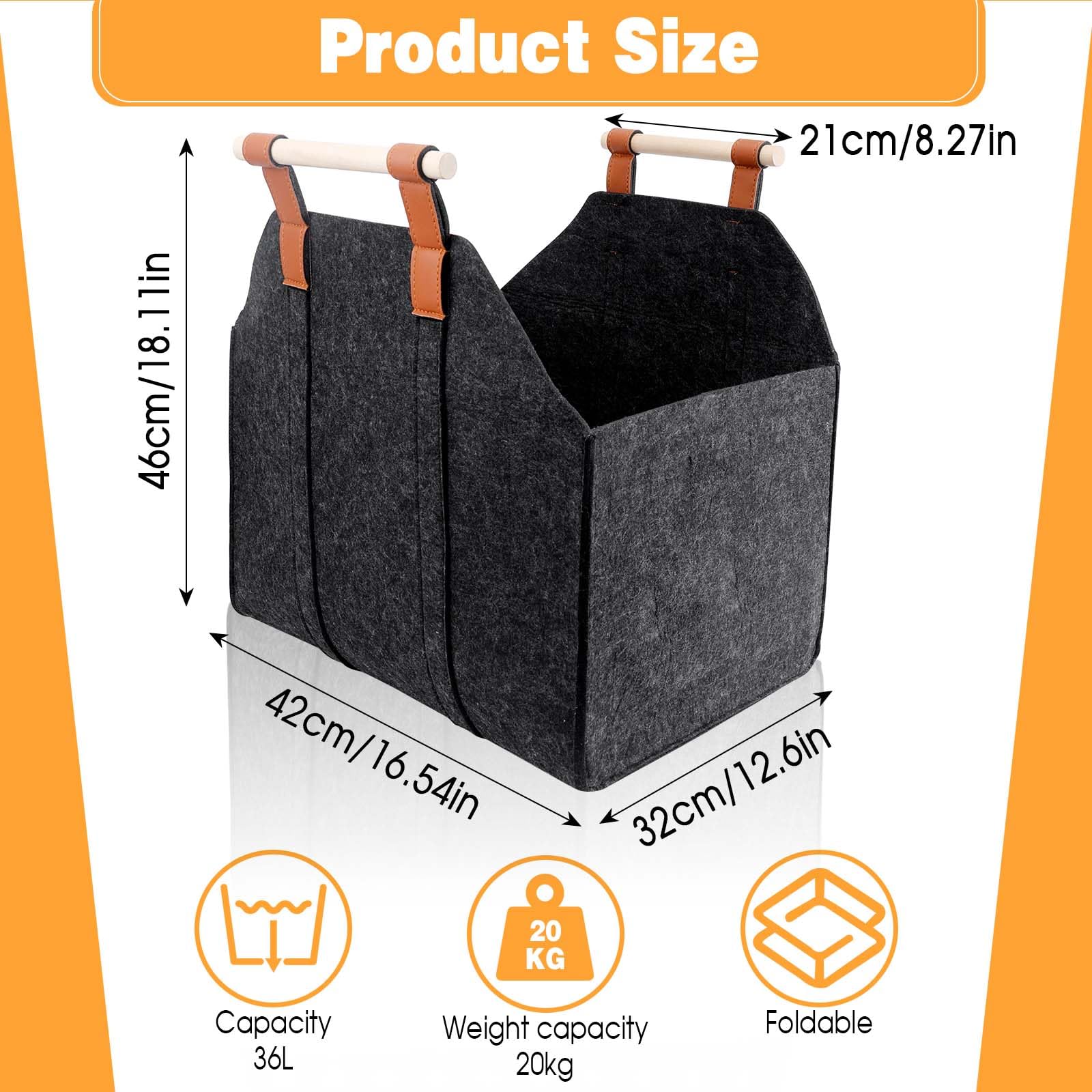 XXXL Holzkorb Für Kaminholz 100L - Faltbarer Filzkorb Mit Holzgriffen, 60x40x40cm