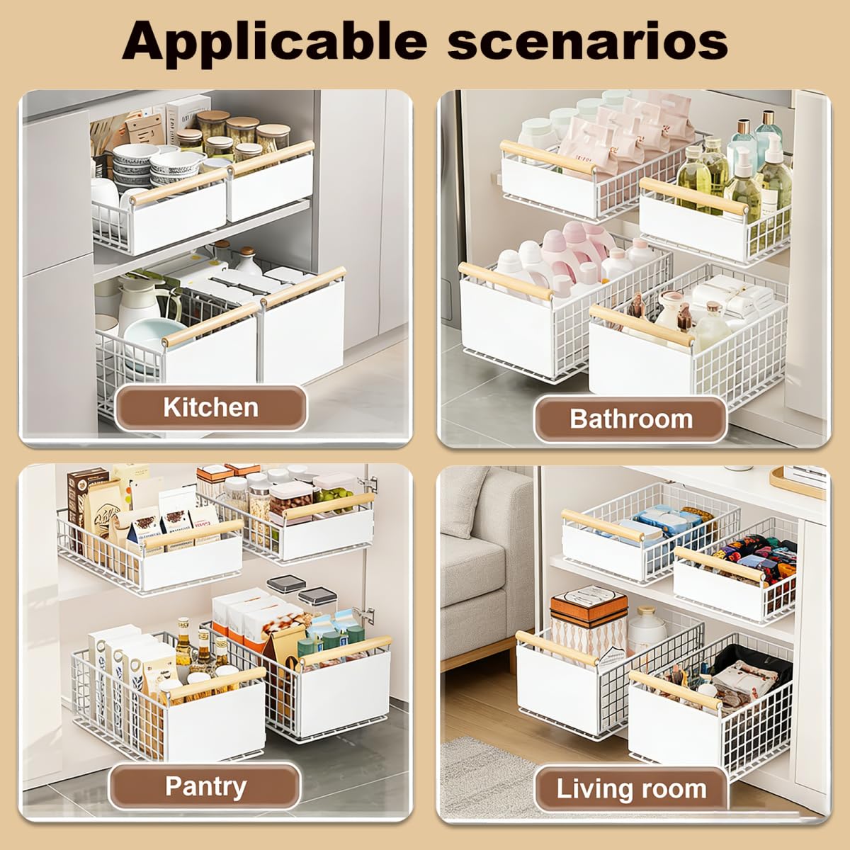 Teleskopschublade, 2PCS Faltbar Ausziehbare Schublade Küche, 23.5*11*39.5~56.5cm, Metall Ausziehbarer Schrank Organizer, Kein Bohren Pull Out Cabinet Drawer Organizer, Küchenschrank Organizer, weiß