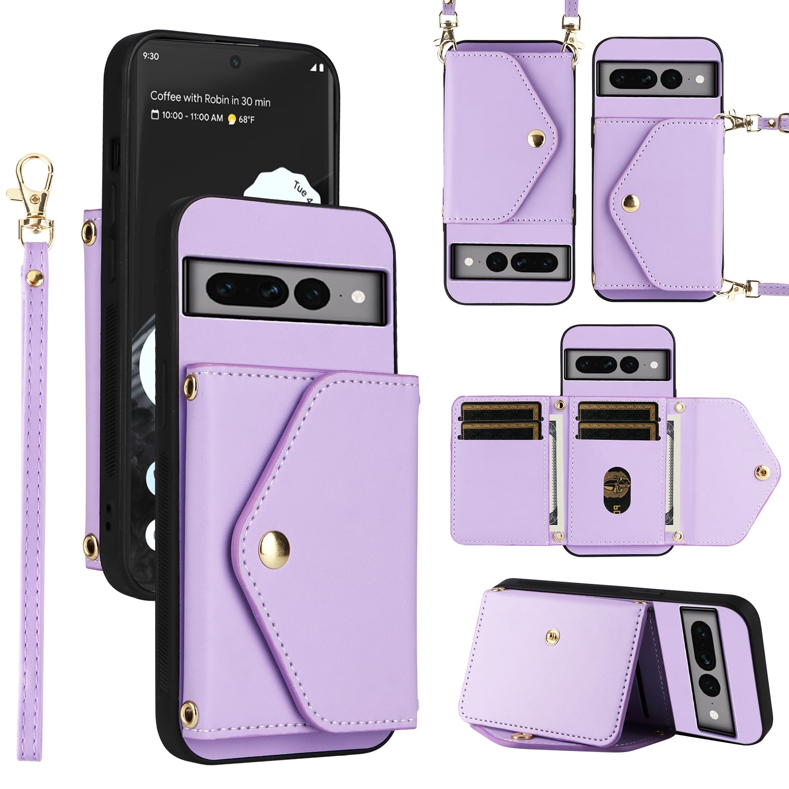 Dswteny Wallet Case for Google Pixel 7 Pro 5G With Wrist Lanyard Shoulder Strap,PU Leather Credit Card Holder Stand Accessories Cell Phone Cover for