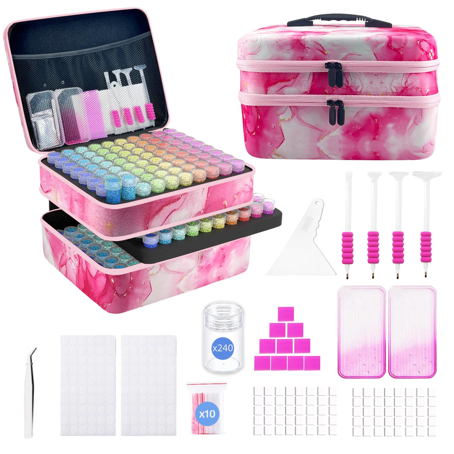 SuSentak Diamond Art Storage Containers with Dot Drill Tools,240 Slots Bead Organizer Case for 5D DIY Art Kits, Portable Craft Box for Diamond Painting Accessories (Pink)