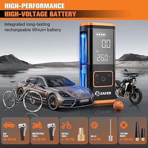 Miniatura 3 de Saker Compresor de aire portátil para inflador de neumáticos, bomba de aire de neumáticos de automóvil de 150 PSI con indicador de presión de
