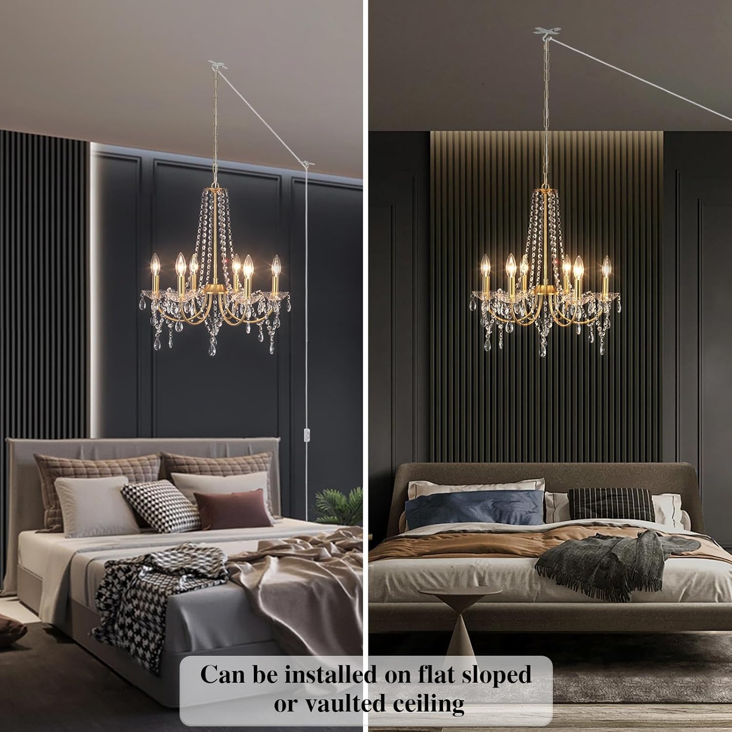MEIJIA Plug in Crystal Gold Chandeliers Lighting Fixture 6 Light Modern Crystal Chandelier with 15.75feets Plug in Cord Gold Mini Plug in Chandelier for Dining Room Bedroom Entryway Bathroom Closet