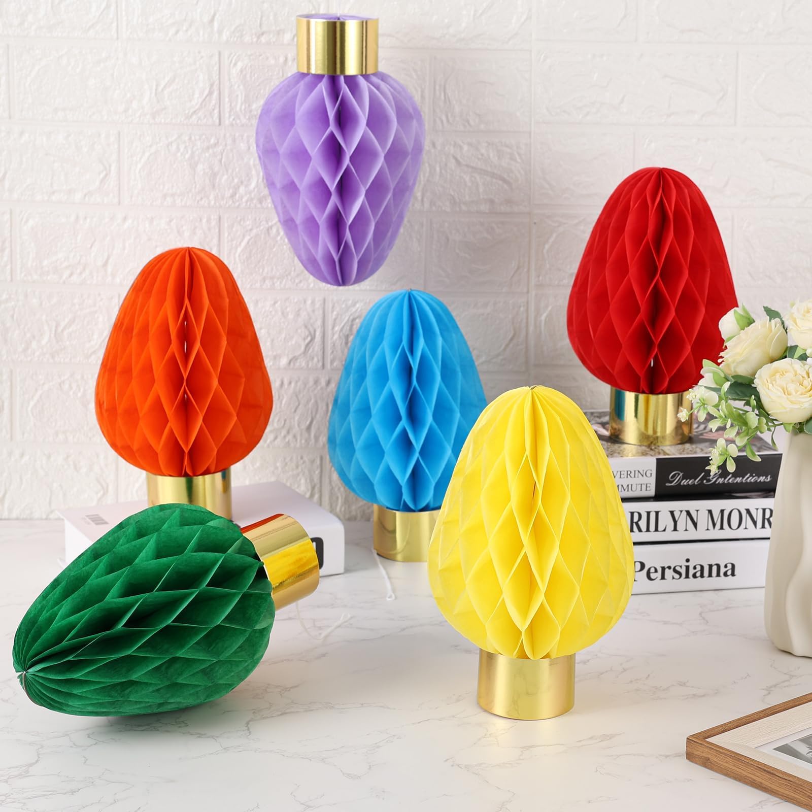12 Pcs Honeycomb Light Bulb Shaped Decoration Hanging Rainbow 3D Bulb Tissue Paper Multi-Color Pom Poms Ball Ornament for Birthday Wedding Home Ceiling Decor