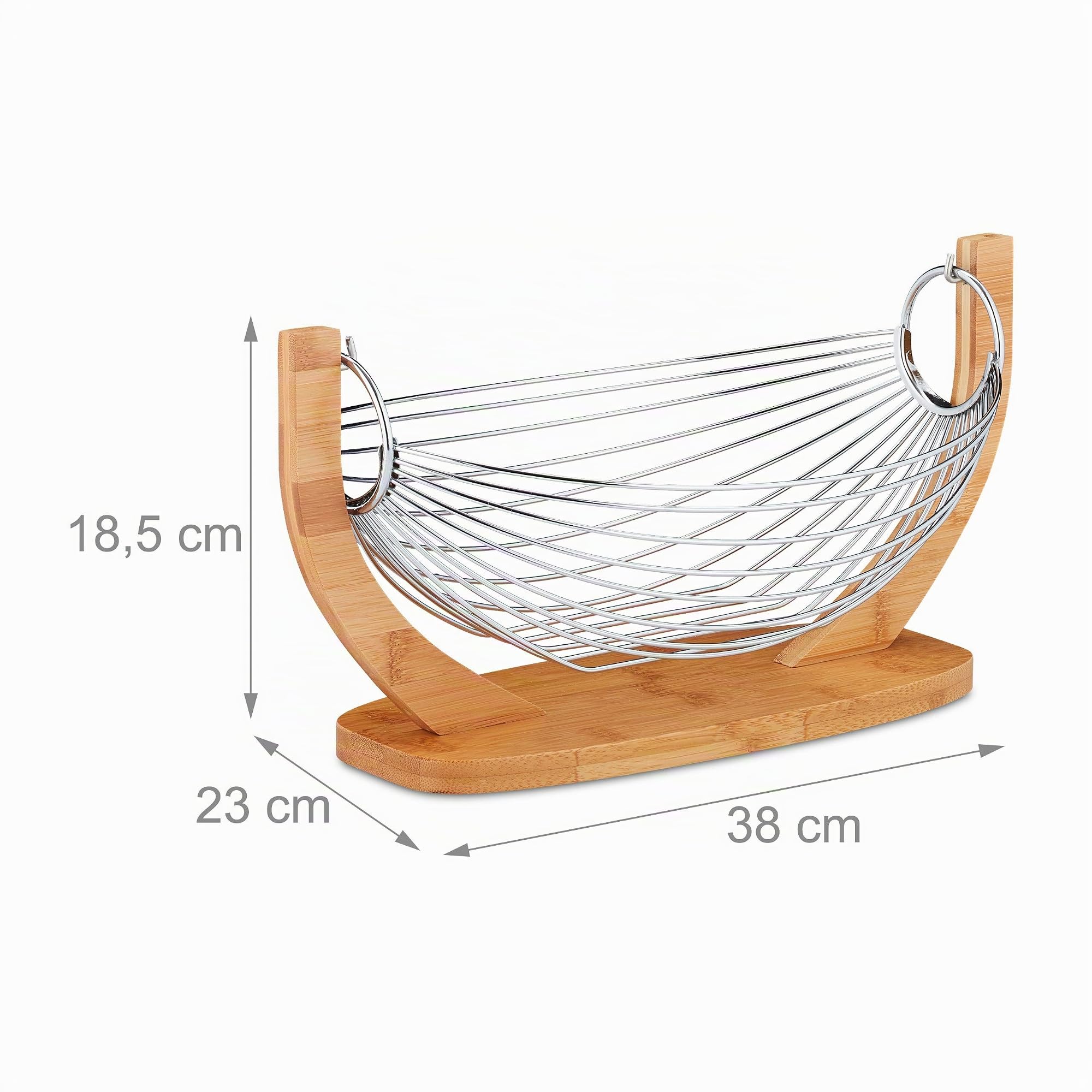 Relaxdays Corbeille à fruits Hamac bambou, barres inox, Balançoire, design grille déco,18,5 x 38 x 23 cm, nature/argent