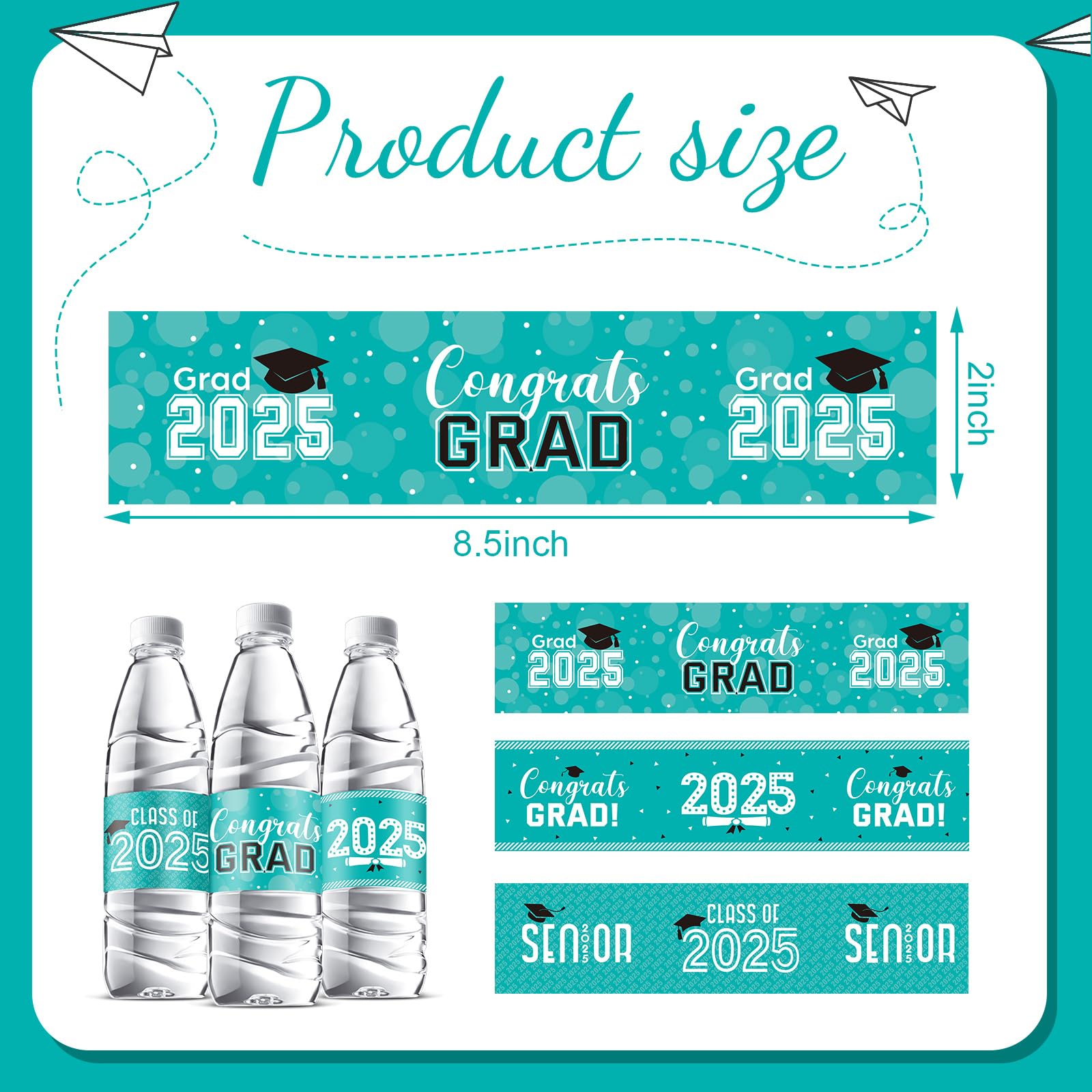 Outus 39 Pcs Graduation Decorations Water Bottle Labels 2025 Congrats Grad Stickers Class of Party Supplies for High School College Nursing Doctorate Graduation Celebration(Teal)