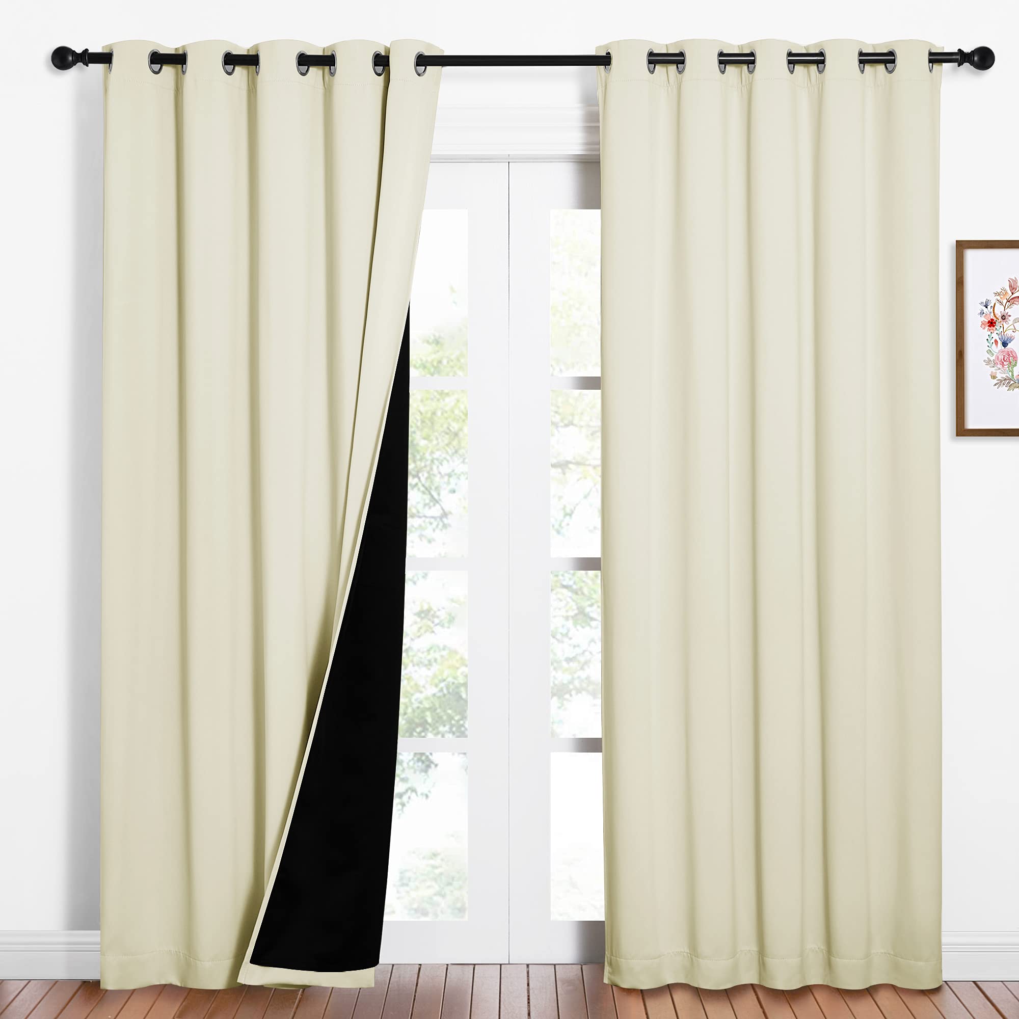 NICETOWN Living Room Completely Shaded Draperies, Privacy Protection &amp; Noise Reducing Ring Top Drapes, Black Lined Insulated Window Treatment Curtain Panels (Beige, 2 Pieces, W62 x L84)