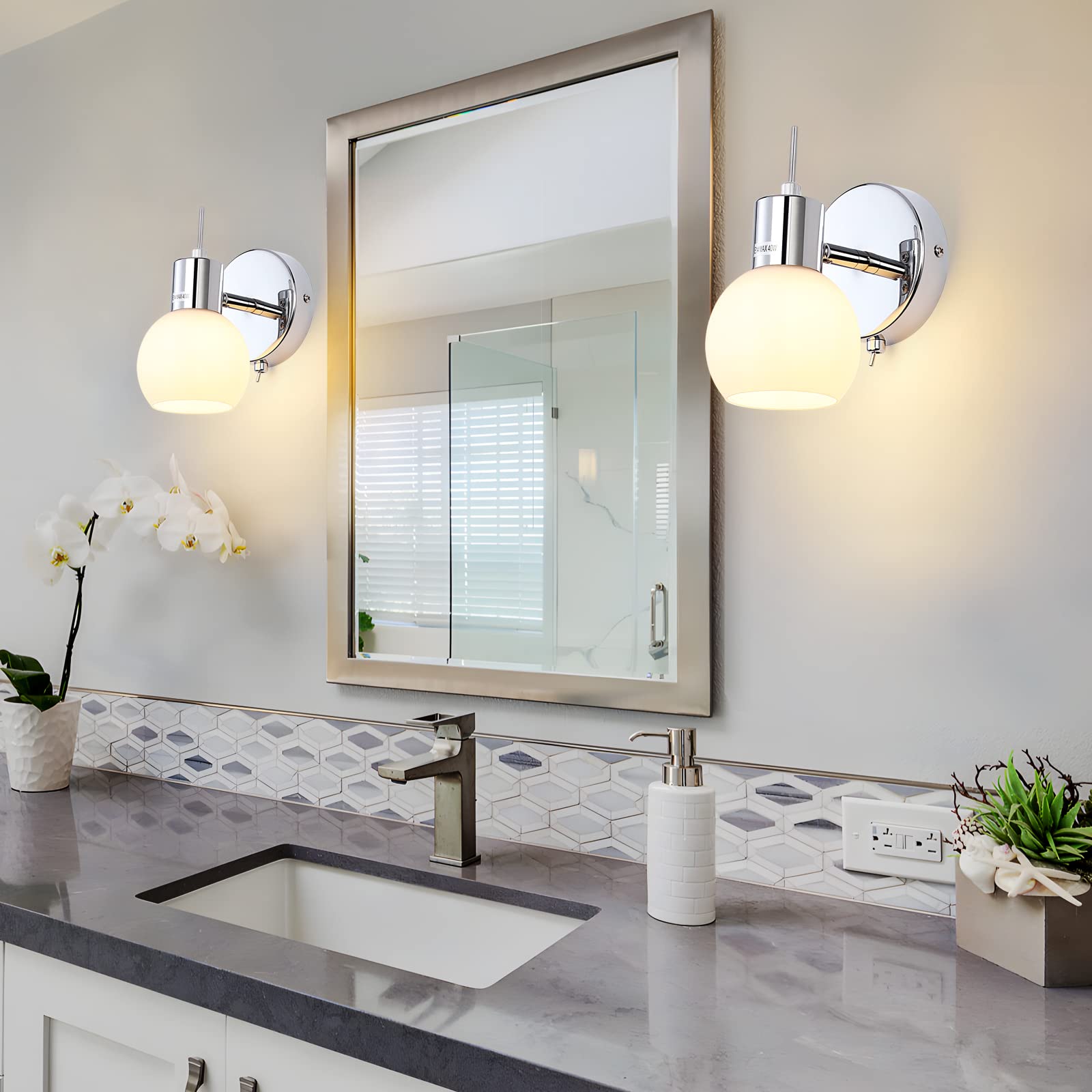 TYhogar 2 Pcs Wall Sconces Bedside Lamp Light Modern Night Wall Sconces E27 Edison Bulbs Wall Sconce Adjustable Lamp Holder for Living Room Restaurant Lighting (Chrome) - Image 2