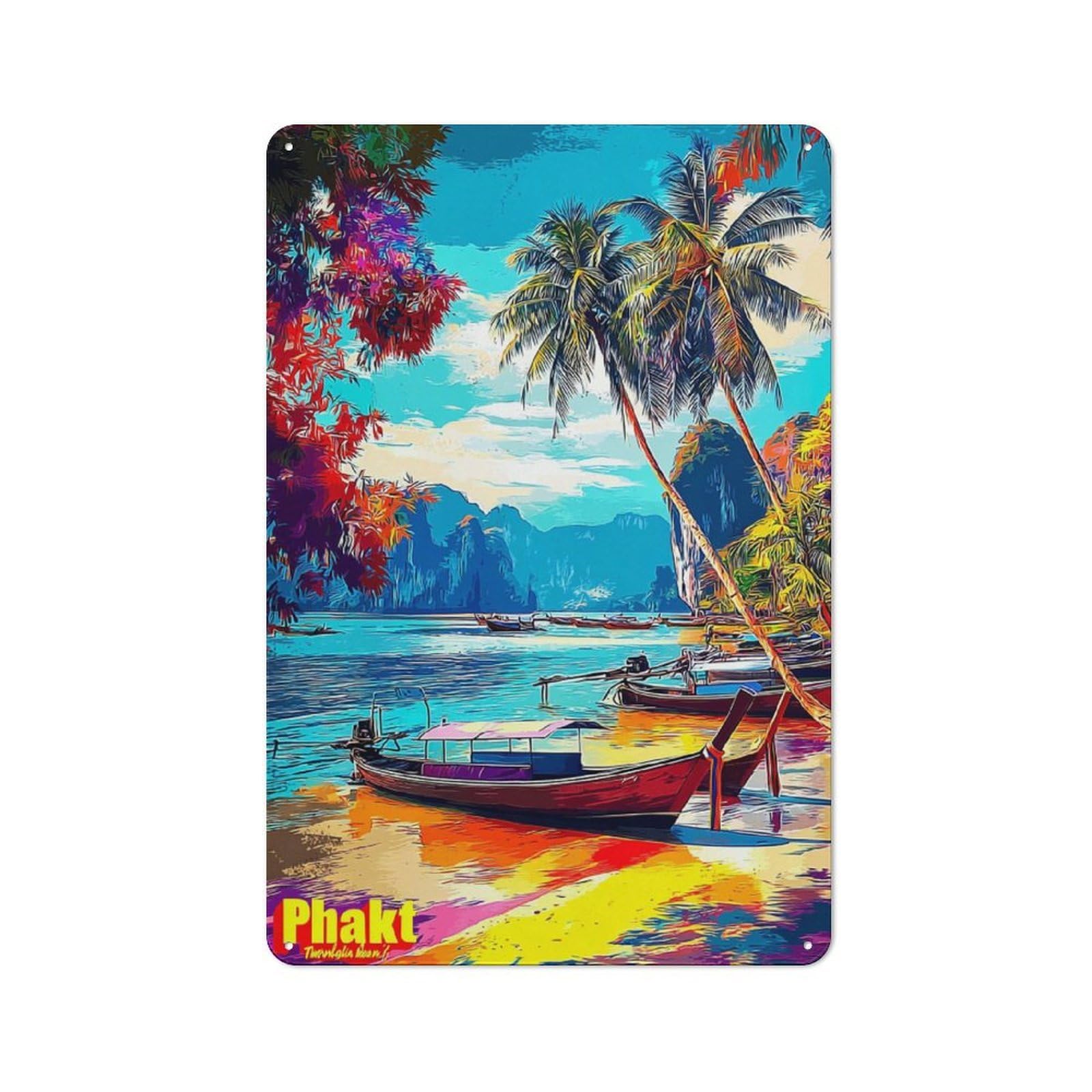 Junmoney Tropical Paradise With Boats Metal Wall Sign 30X20cm Featuring For Café Or Restaurant, A Decorative Metal Sign For Cafés And Restaurants