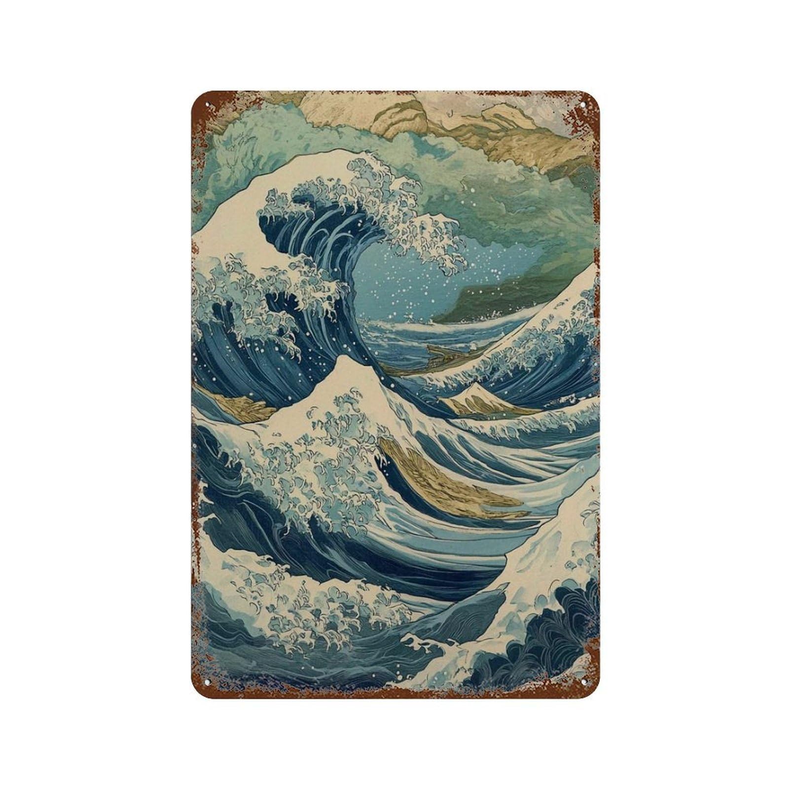 xiaoxiaoshen Great Waves Japanese Wave Ocean Dynamic Seascape Watercolor Wall Decor Art Metal Tin Poster Modern Home Decor Art Home Bar Shop Decorations Vintage Sign 30x20cm