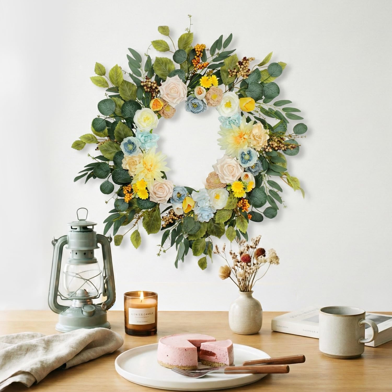 24 Inch Large Rose Wreath for Front Door Summer Outdoor Greenery Decor | Large outdoor rose greenery wreath for summer front door decor, porch, wall, farmhouse home and indoor outdoor decoration