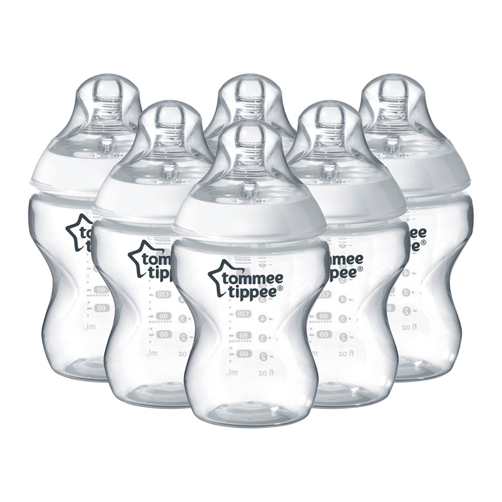 Tommee Tippee Closer to Nature Baby Bottles, Breast-Like Teat with Anti-Colic Valve, 260ml, Pack of 6, Clear