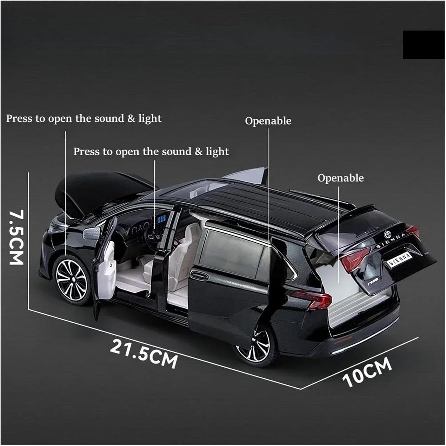 ダイキャスト合金製車両 1：24スケール トヨタ シエナ MPV ダイカスト合金車モデル 全開ドア サウンドとライト プルバック車両