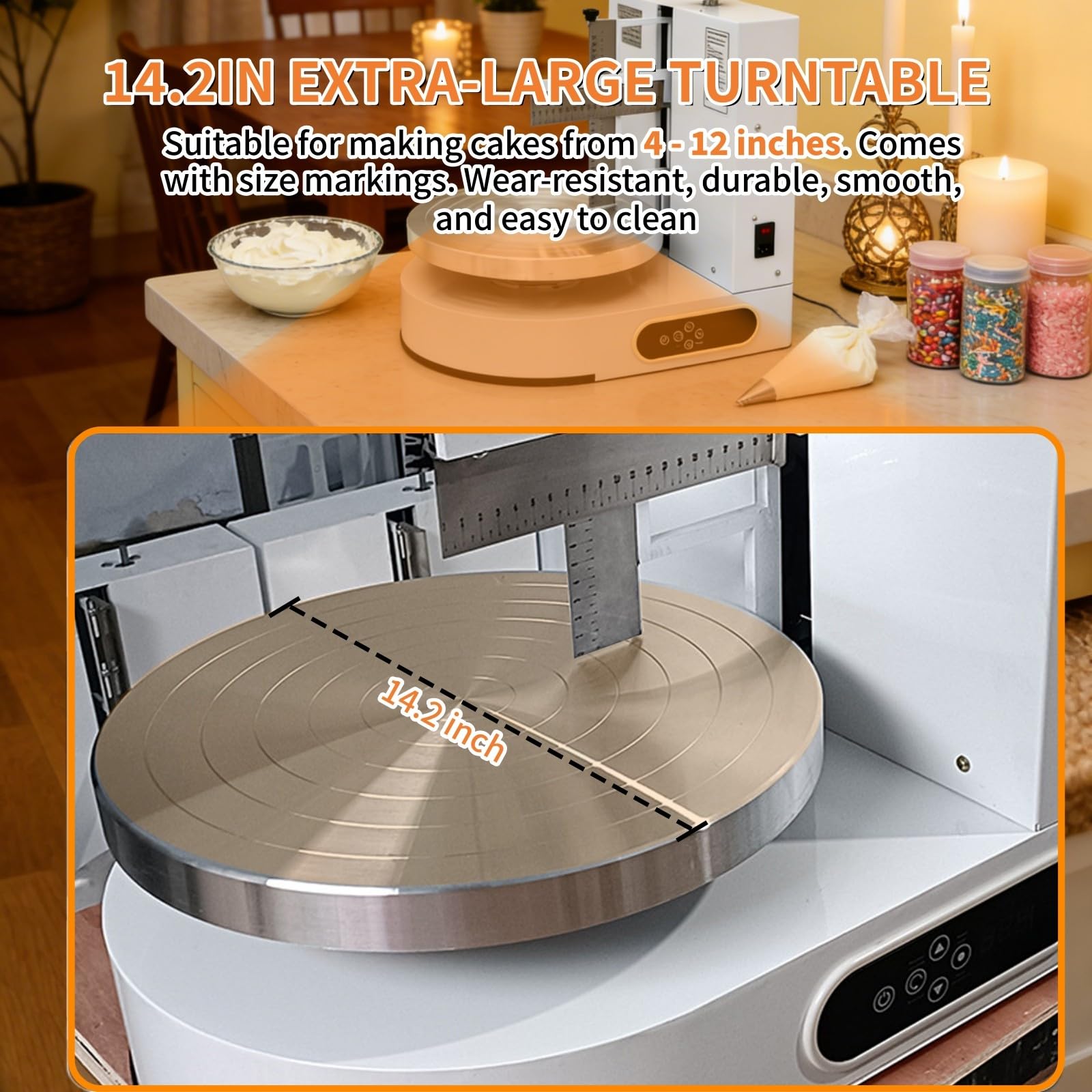 Macchina Decorazione Torte 10–30 cm, Spalmatrice di Glassatura e Glassa Elettrica con velocità Regolabile, 60–320 Giri/min, Spatola Smussata, Doppia Rotazione