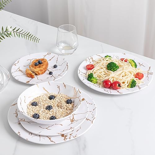 Miniatura 5 de Juego de vajilla de melamina de 12 piezas, juego de platos y cuencos negros de mármol, juegos de vajilla para exteriores, para patio, caravana y