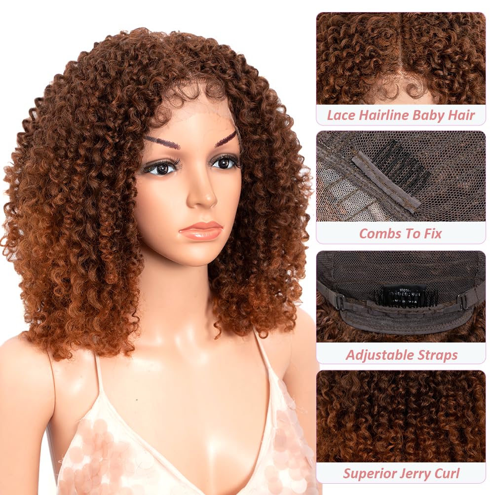 Style Icon 16 Inch Black Afro Jerry Curl Synthetic Wig Super Soft Fiber Lace Part Wig with Baby Hair Middle Part Lace Wig (16",T C4M/C130R)