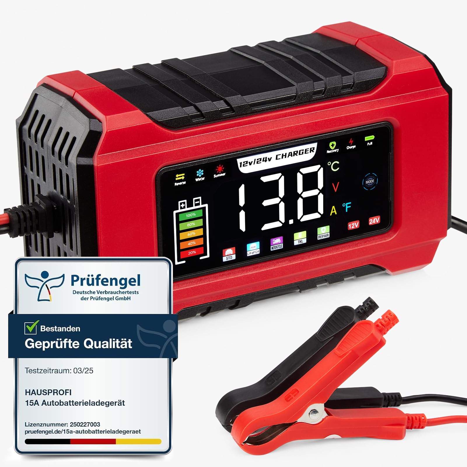 HAUSPROFI Chargeur Batterie Voitures 12V 15A/24V 8A Intelligent Réparation | Charge Rapide, 9 Protections, Grand écran Tactile LED, Régénère Batterie plomb lifepo4 Auto Moto, Mode été/hiver thermorégulé