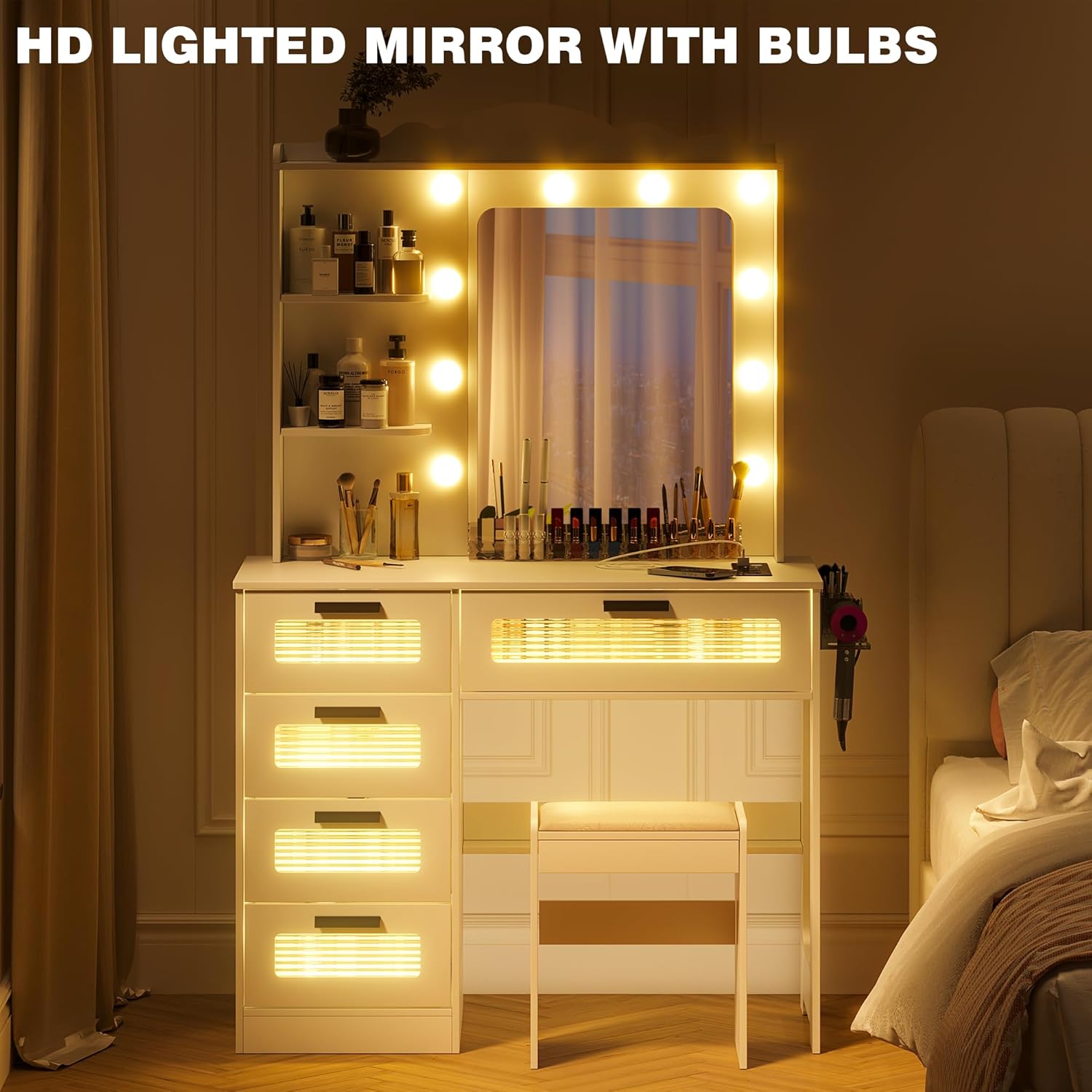 LED Vanity Desk with Mirror and 3 Color Lights,Makeup Vanity with Human Sensor Ligit and Charging Station,Dressing Table with 4 Drawers,Hair Dryer Rack,Stool,Outlets