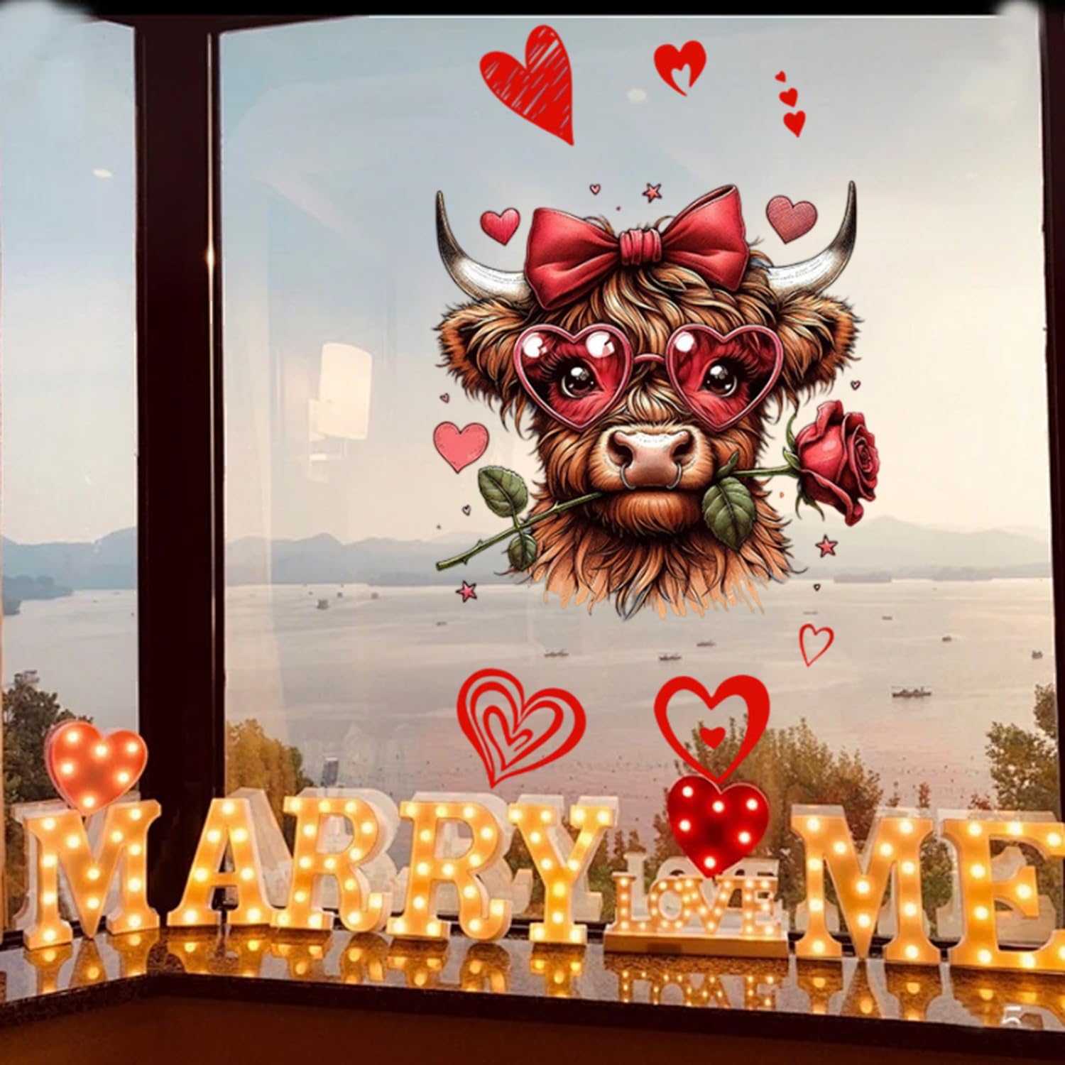 Condition photo showing New/Like New for highland cattle valentine's day window clings with heart glasses bow rose design winter window stickers holiday reusable static window decal for wedding anniversary party glass door decorations 1pcs styl 5