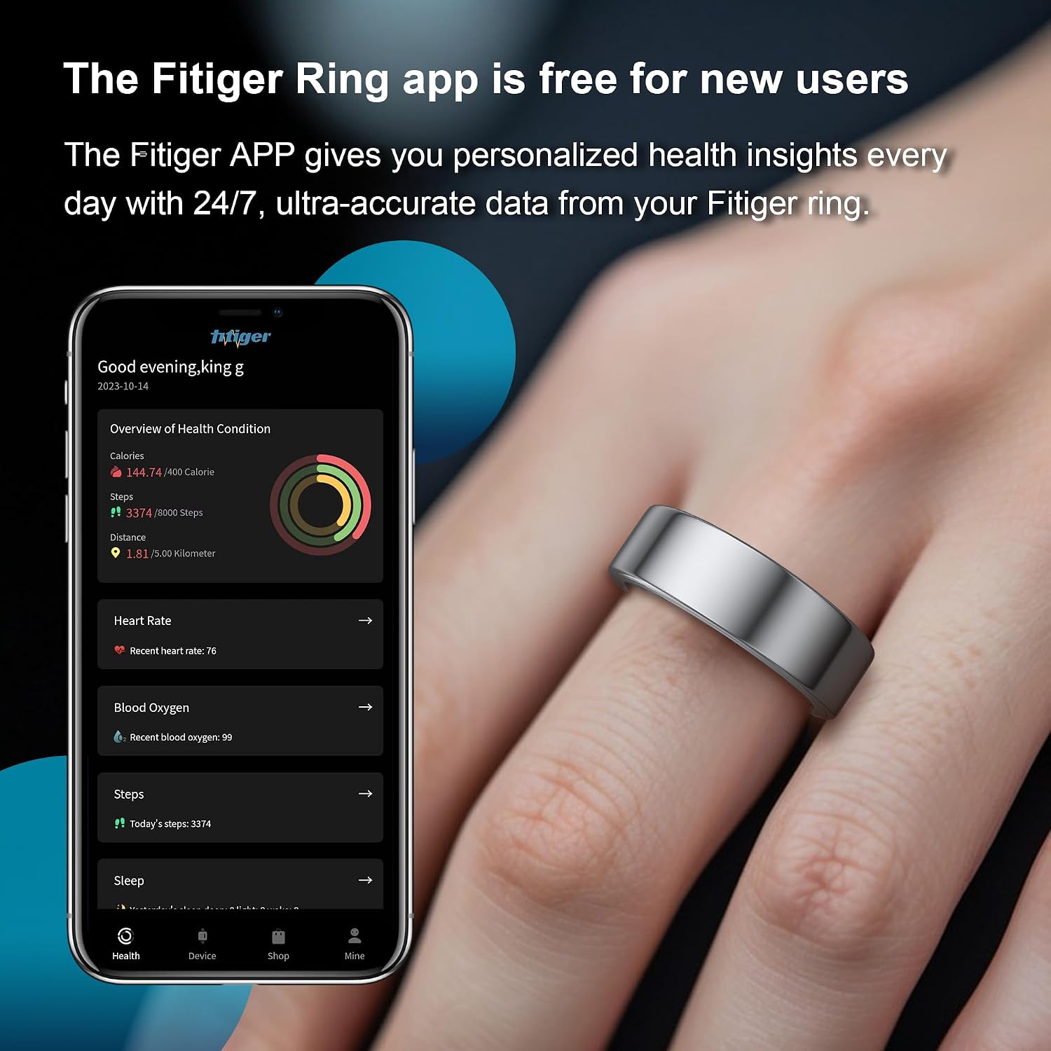 Smart Health Ring – Health Management for HR/Sleep/Blood Oxygen/Stress, Activity/Step Tracking, 7-Day Battery Life, No App Fee, iOS & Android Compatible, for Men & Women