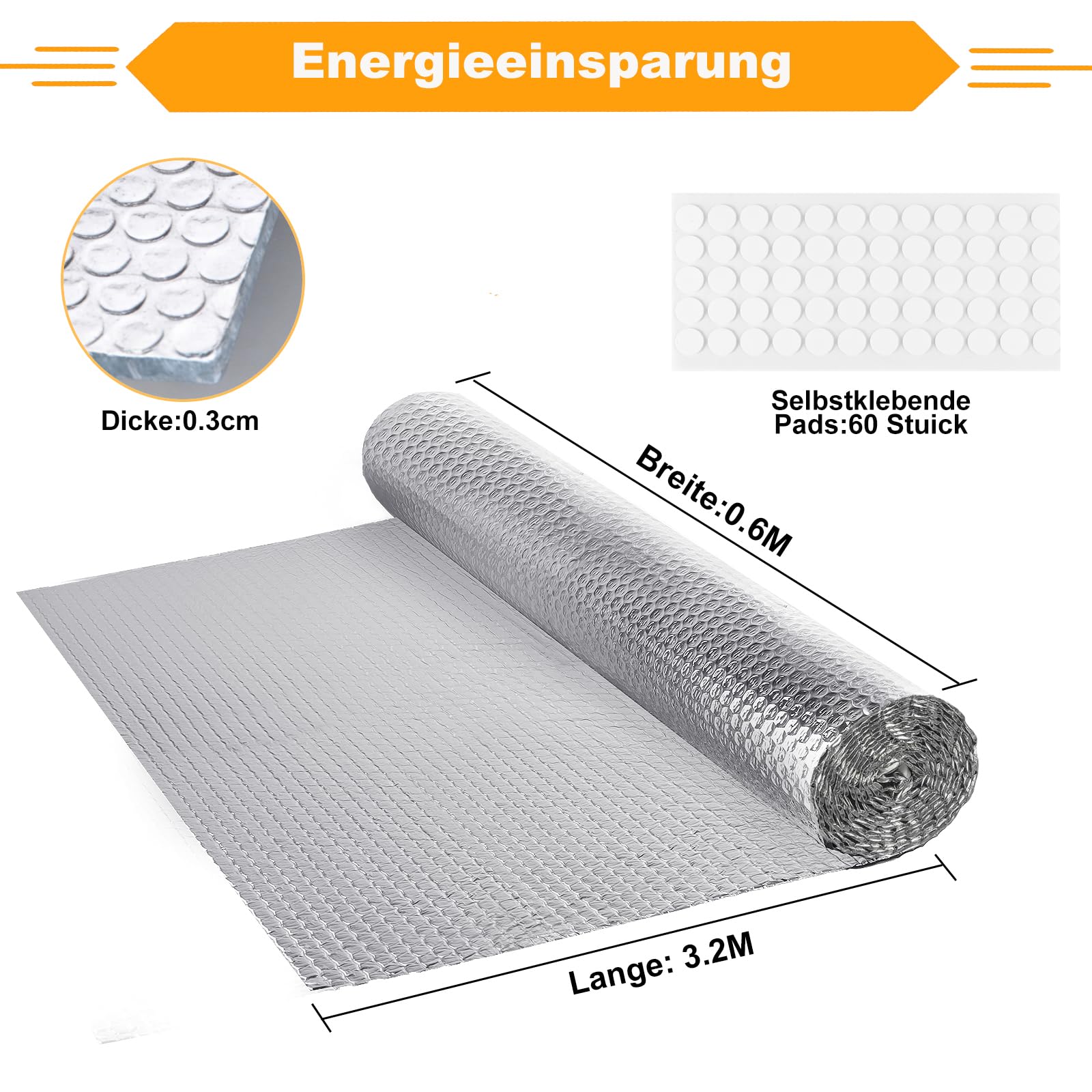 3,2 m x 60 cm Radiador Reflectante Lámina aislante de 3 mm de grosor lámina aislante de doble cara de aluminio con almohadillas adhesivas para vehículos, techos, ventanas, tubos, etc