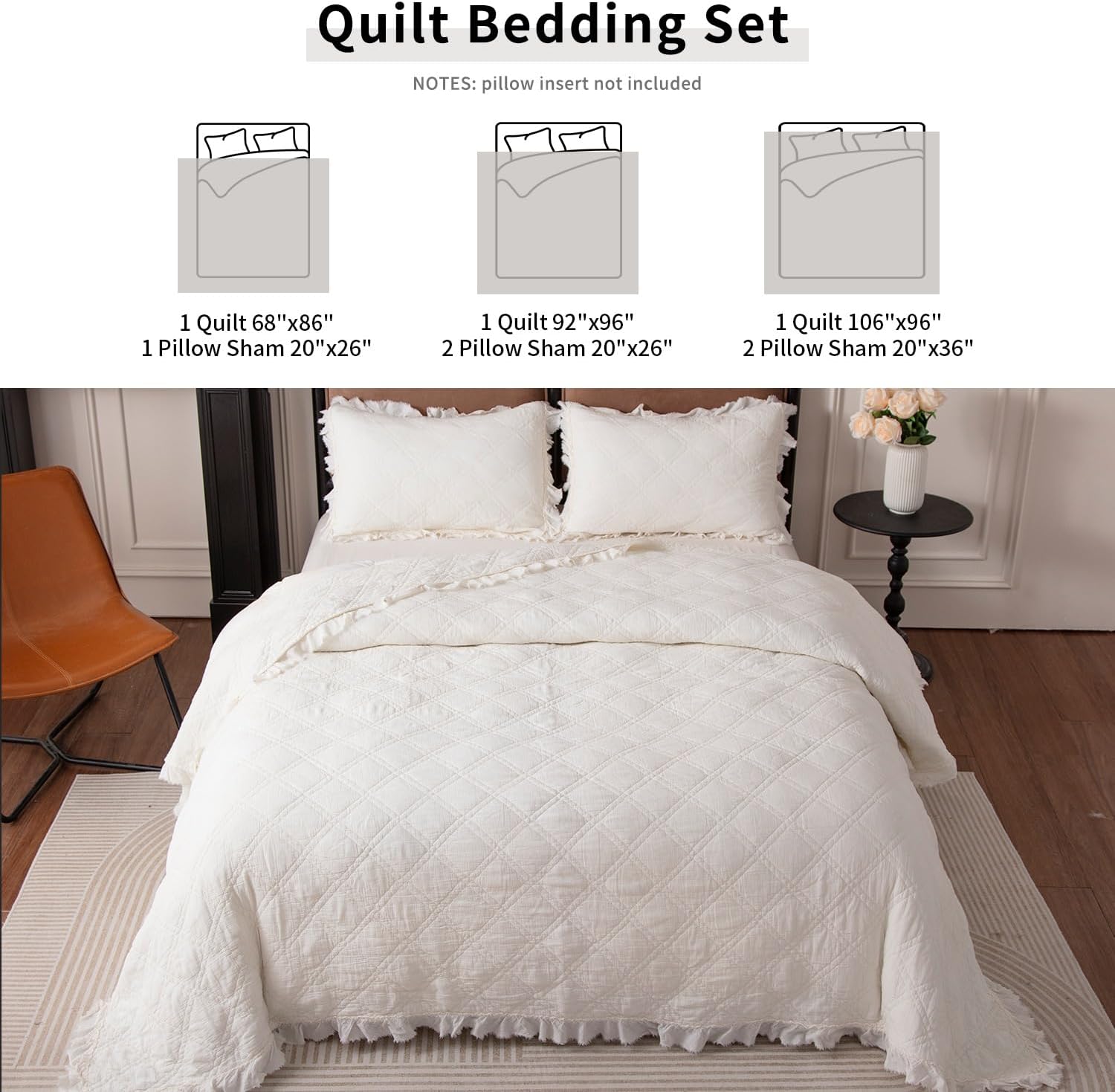 BOV Quilts Queen Size - Stonewashed Fringed Edges Cotton Quilt Queen Quilt Bedding Set with 2 Pillow Shams, Quilted Cotton Bedspread Coverlet Full Size Comforter Sets for All Season, White 96"X92"