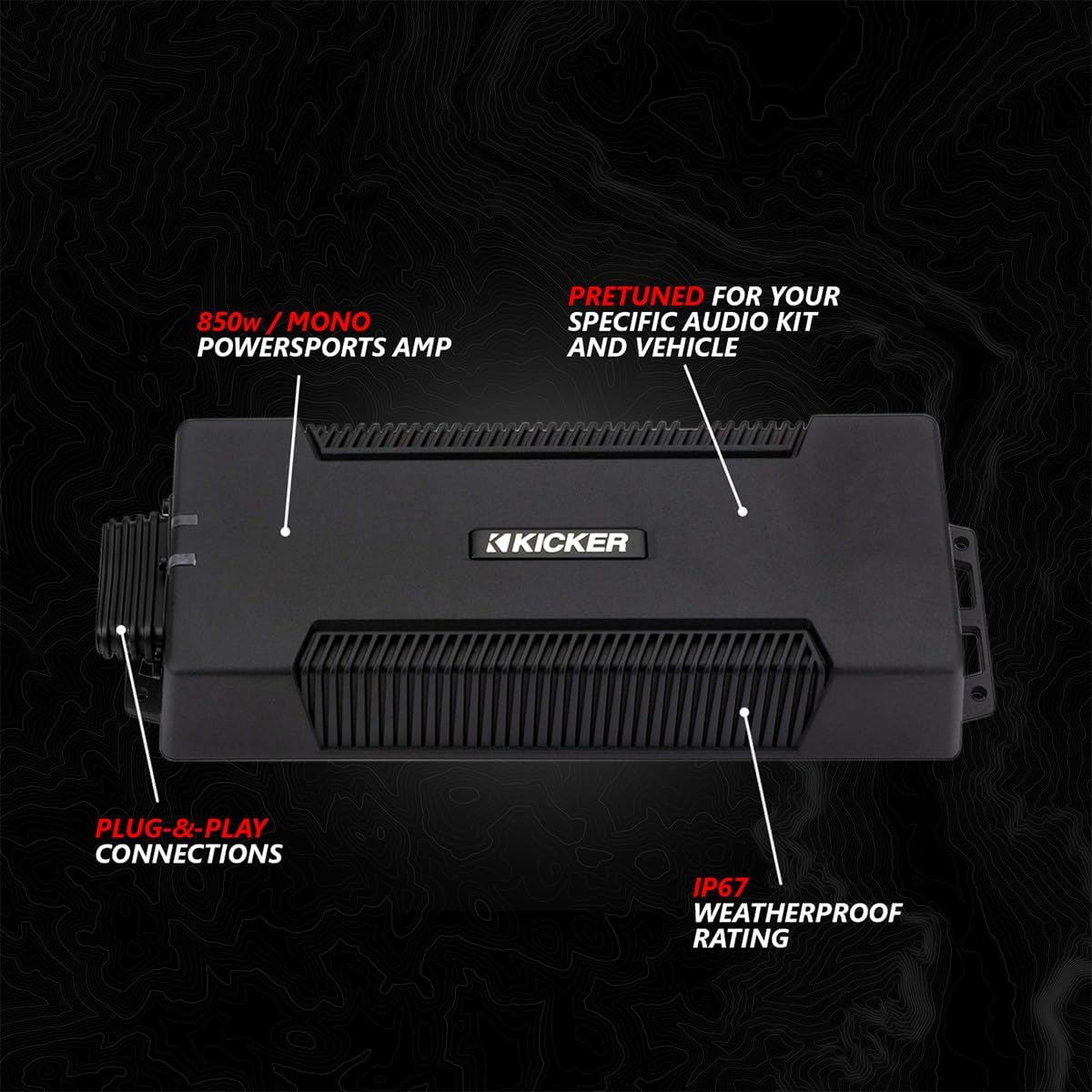 Kicker 850W mono powersports amplifier with IP67 weatherproof rating.