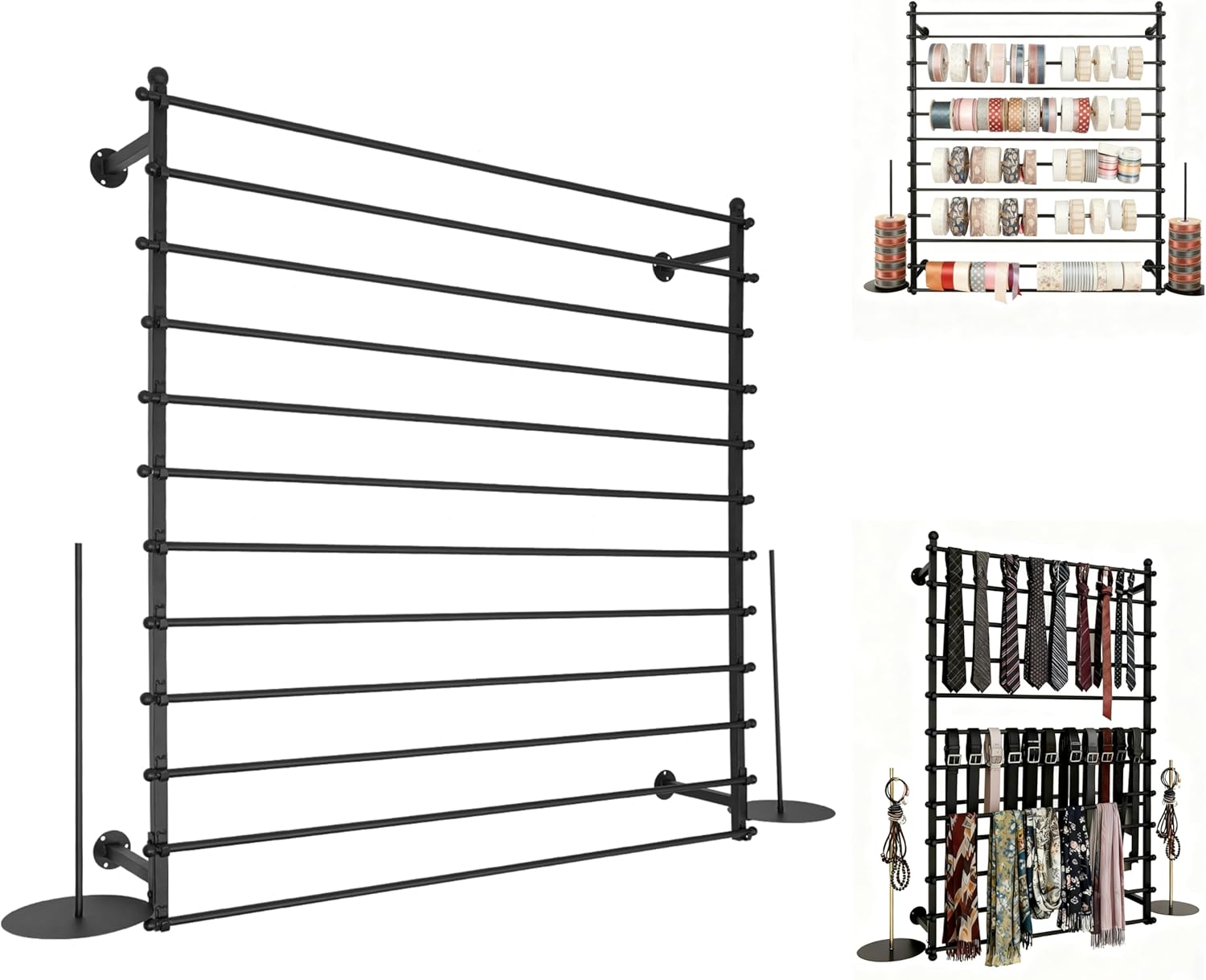 12 Layers Black Wall Display Stand Wrapping Paper Ribbon Organizer Holder Storage Scarf Tie Belt Towel Spool Sewing Tool Hijab Metal Shelving for Home, Retail Stores, Flower Shop, Studio-120cm