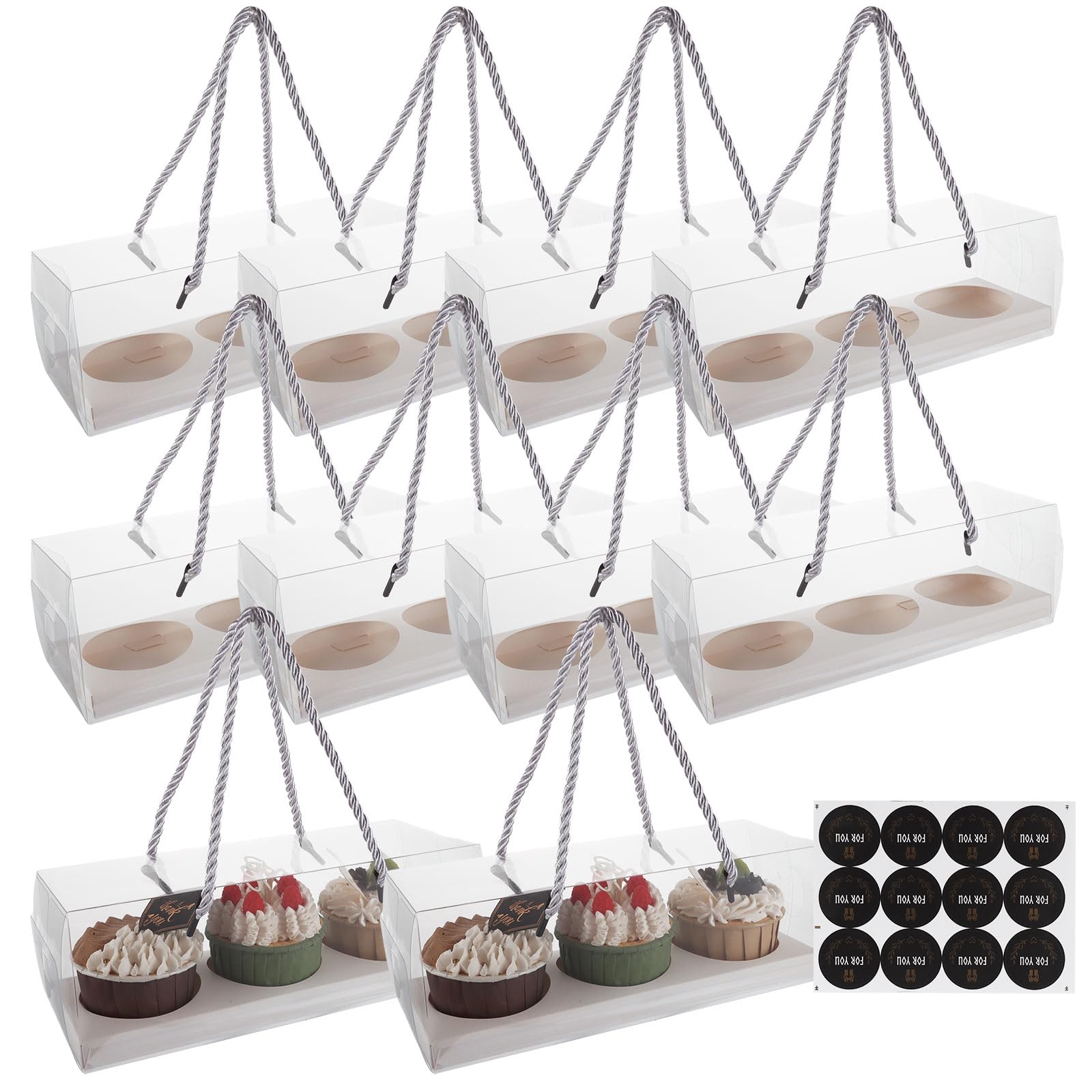 30 cajas para cupcakes de 3 agujeros, 22,5 x 7,8 x 7,8 cm, con ventana, insertos y calcomanía, soporte transparente para cupcakes, magdalenas, postres