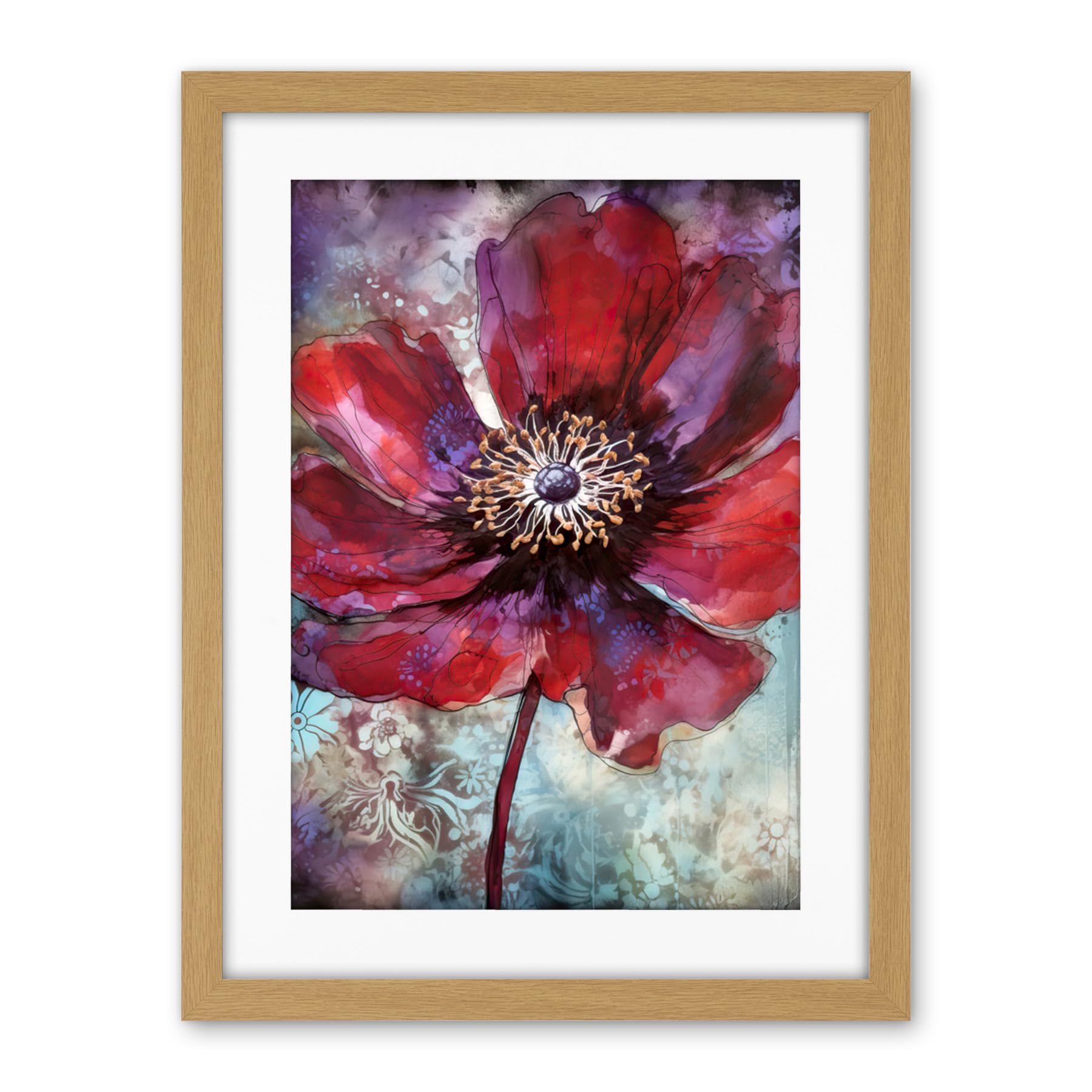 Artery8 Red Anemone Flower Bloom Watercolour Illustration Artwork Framed Wall Art Print 18X24 Inch