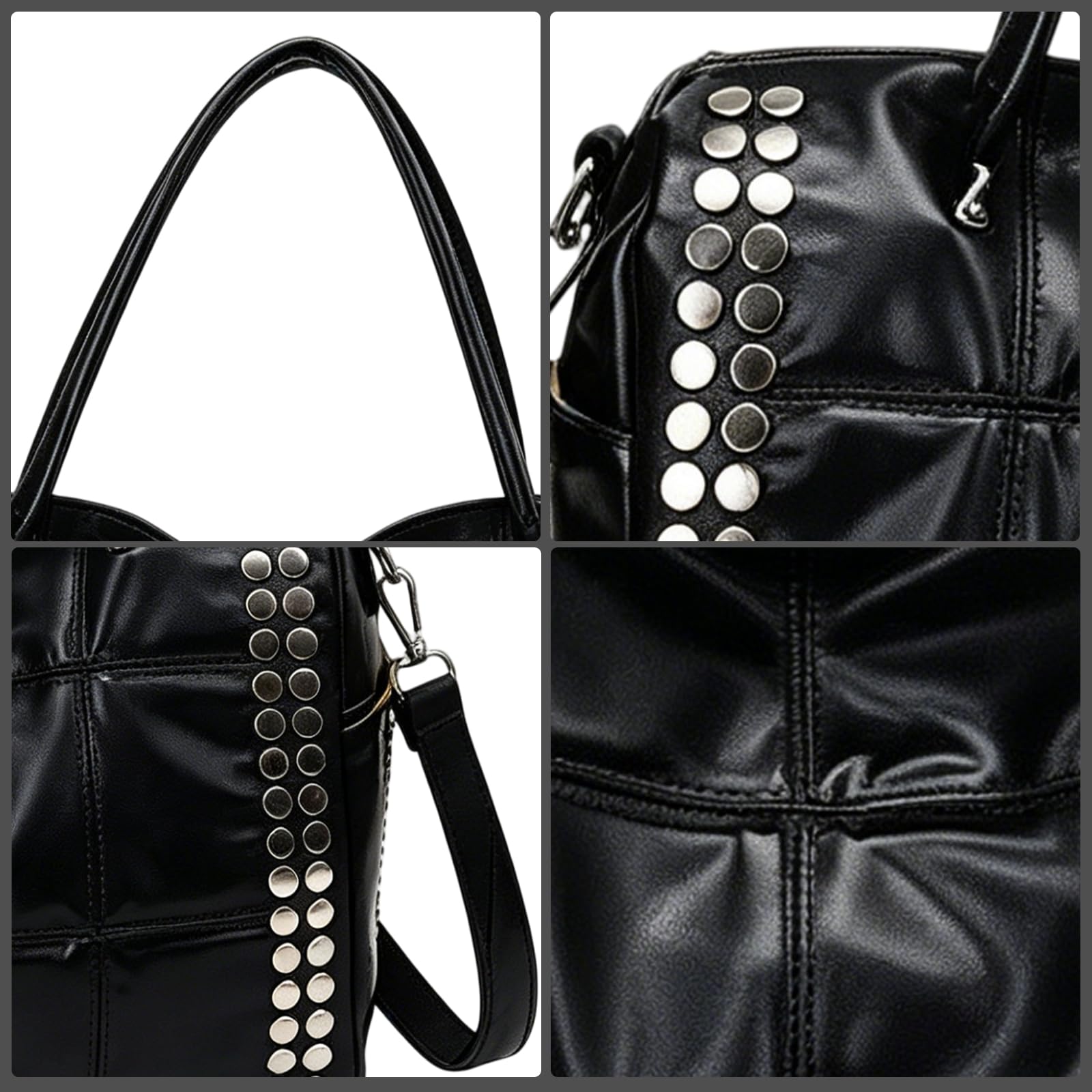 Bolso de mano de piel sintética para mujer, con remaches de metal, correa desmontable, tachonada, bolsa de mano para motocicleta, L