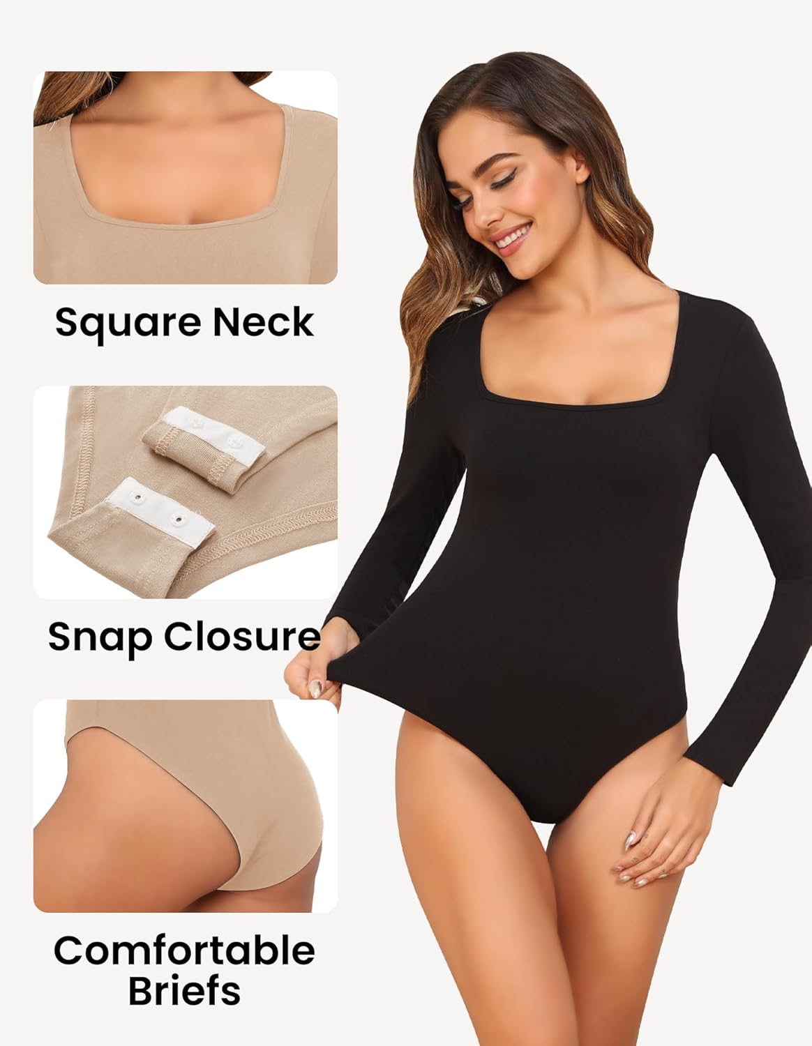 CE' CERDR 4/5 Pack Long Sleeve Body Suits Womens Square Neck Bodysuits Basic Shirts Stretchy Fitted Tops - Image 6