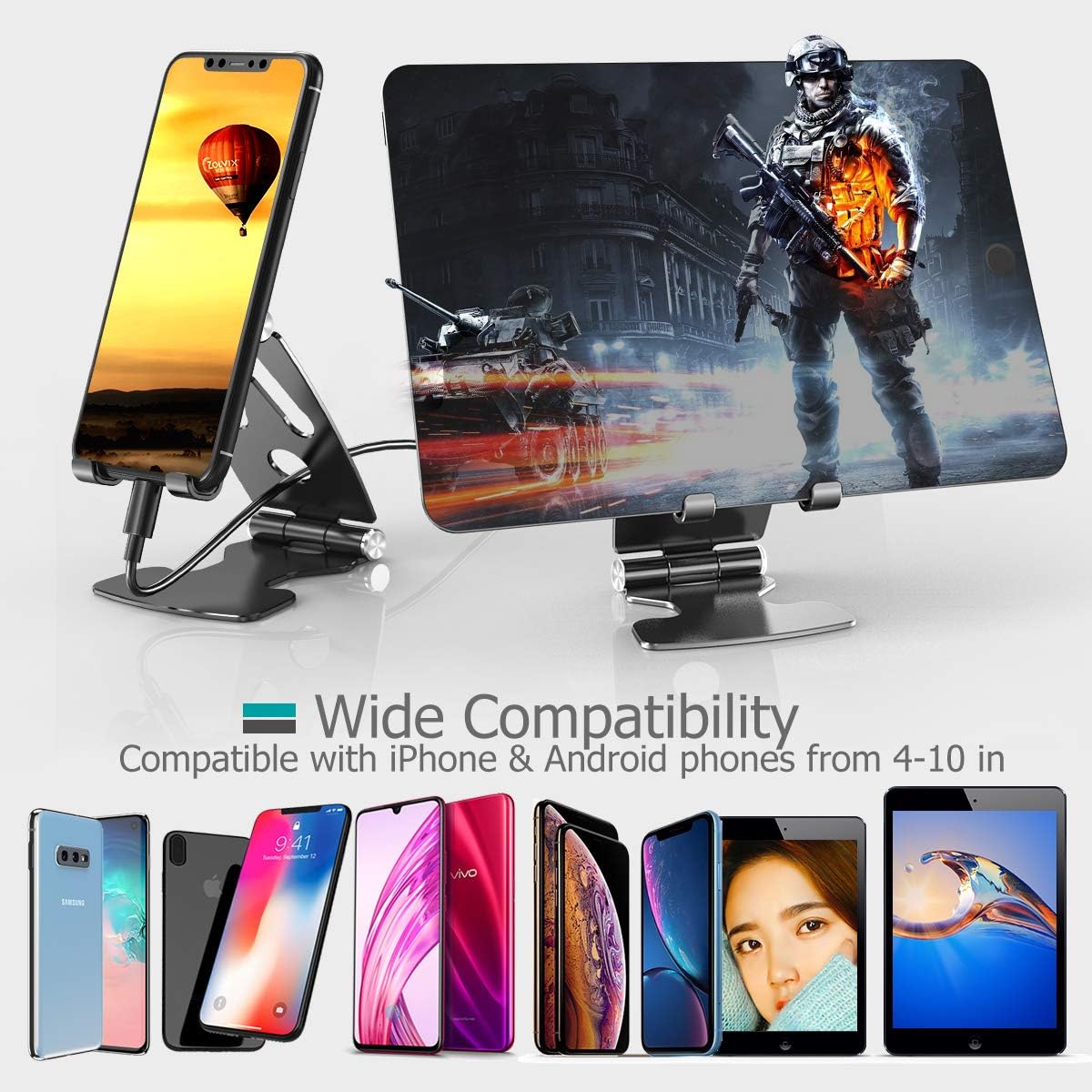 Cell Phone Stand for Desk, Damipow Adjustable Cellphone Holder [Fully Foldable], Anti-Slip Base and Scalable Support Compatible with 4-10" Mobile Devices, iPhone, Samsung, iPad, Tablet, Kindle - Black