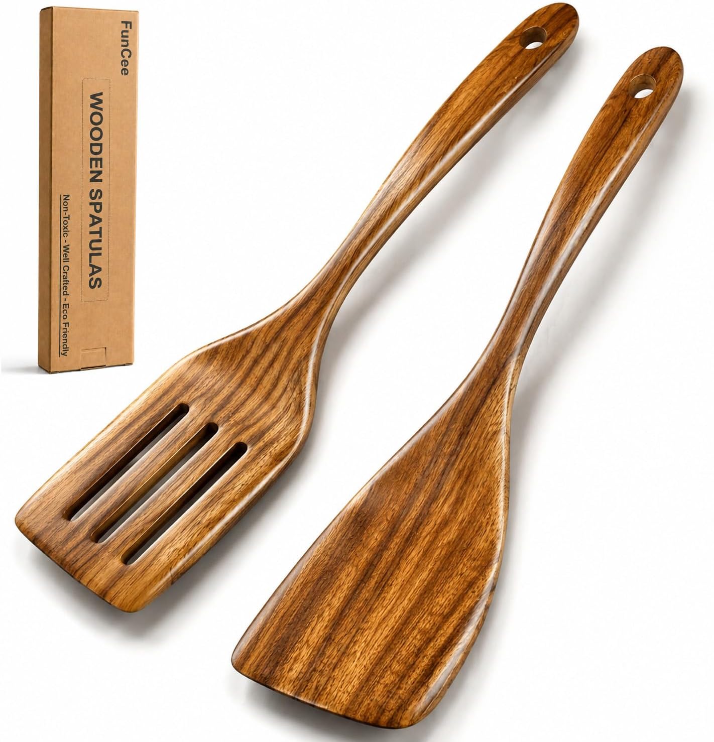 FunCee 2 Pack Wooden Spatula, Acacia Wood Long Handle Flat Frying Turner, Handmade Wooden Spoons For Cooking, Kitchen Utensil Set, Non-Stick Cooking Spurtle Utensils For Kitchen Use