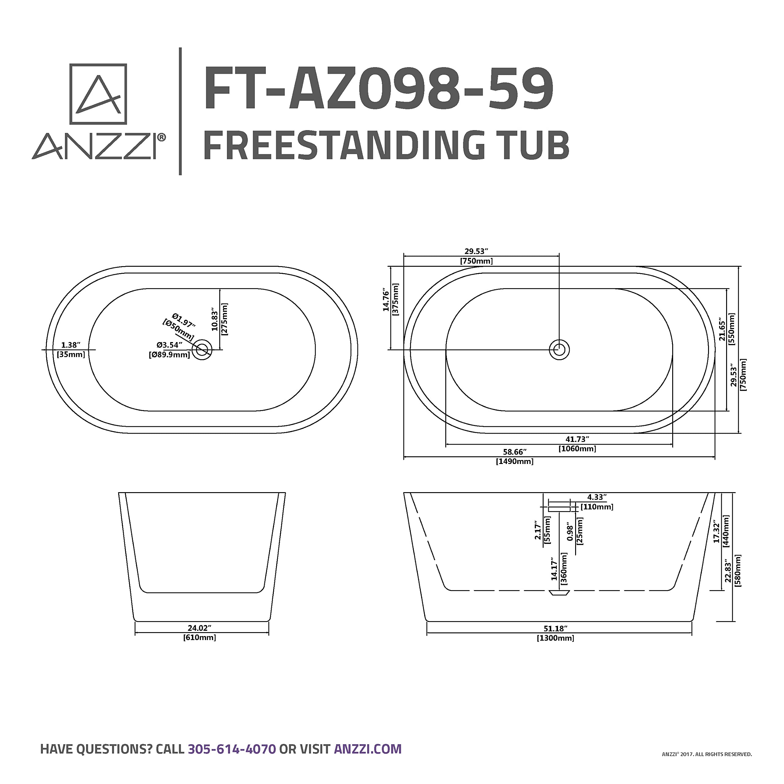 ANZZI Freestanding Acrylic Glossy White Deep Soaker Tub - 59